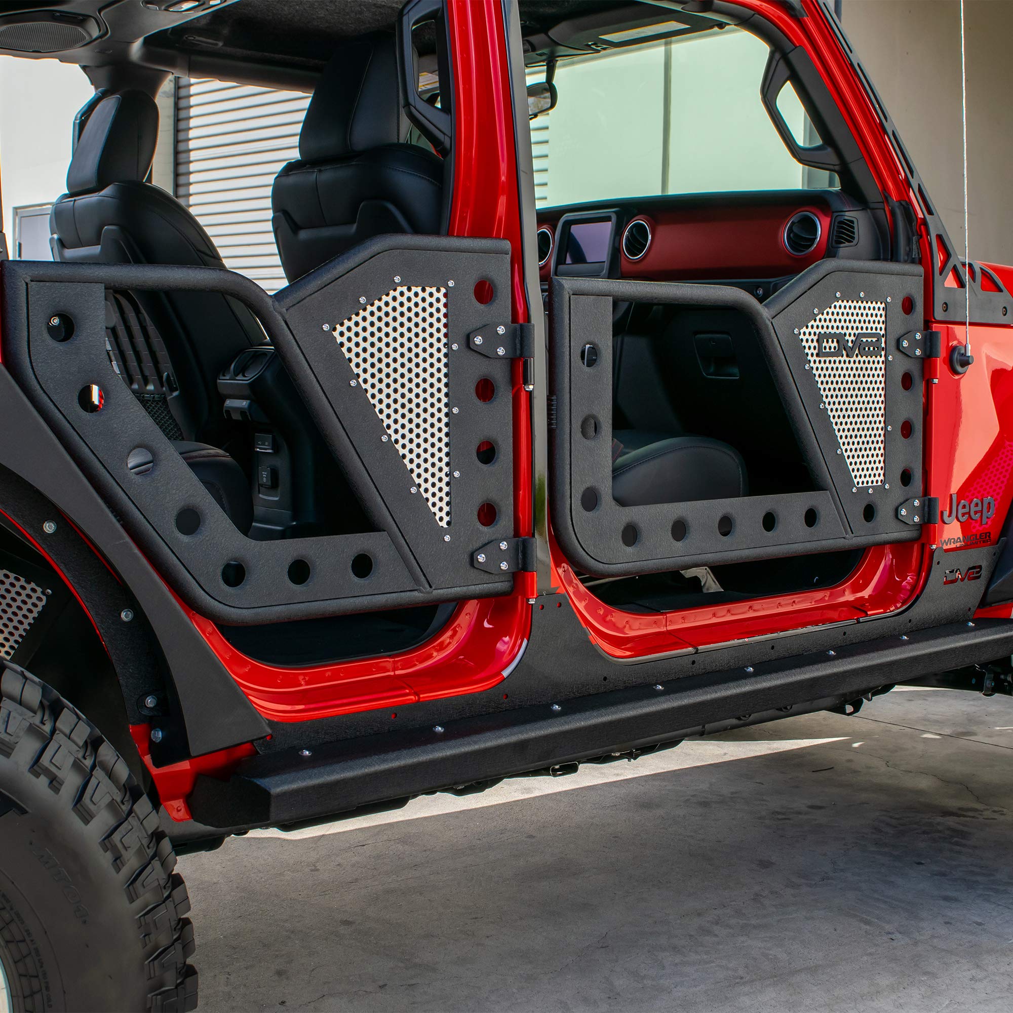 RDJL-01R | DV8 Offroad | Rock Doors for Wrangler JL & Gladiator JT | Tubular Design | Anti Rattle Stopper | Aluminum Mesh Inserts | Black Textured Finish | Rear Door Set