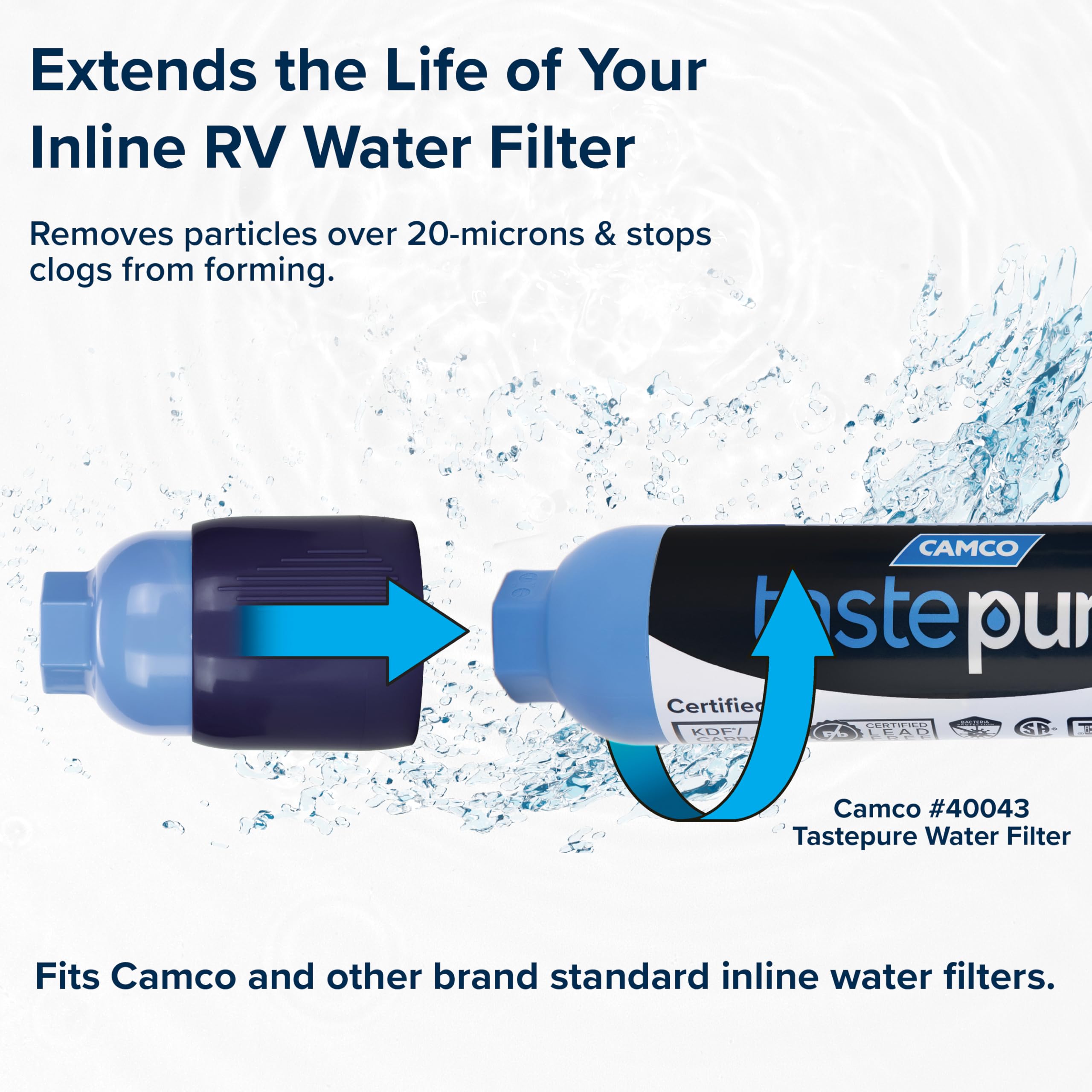 Camco Sediment Tastepure Pre-Filter for RV Water Filter - Features 20-Micron Water Filter System & Provides First Stage of Water Filtration - Extends the Life of Inline Water Filters (40048)