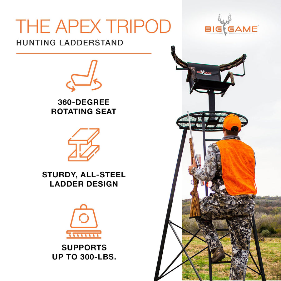 Apex Tripod Stand Big Game, 1 Person Deer Hunting Climbing Ladder Stand with Rotating Seat and Shooting Rail, 12.5'