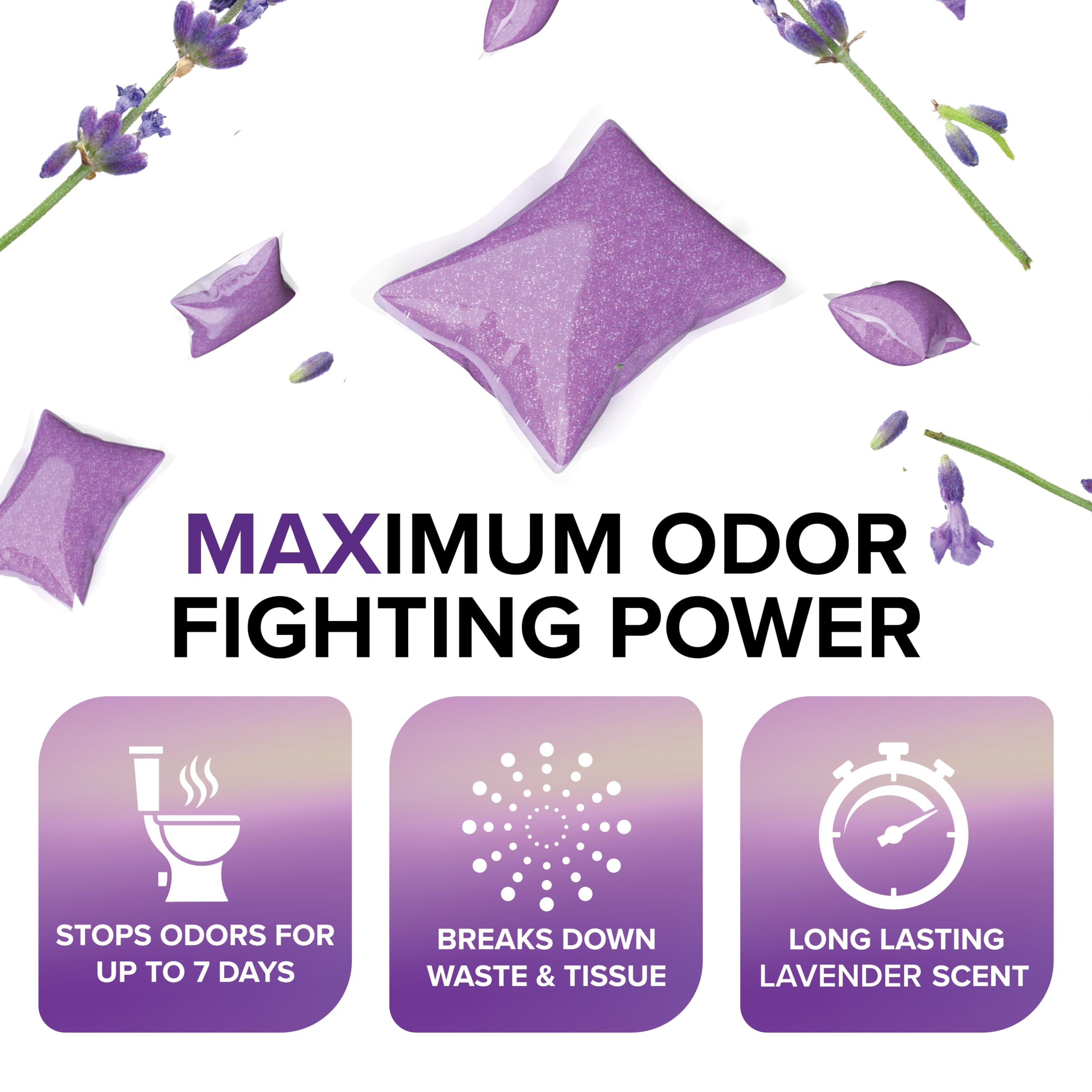 Camco TST MAX Drop-INs RV Toilet Treatment - Control Unwanted Odors and Break Down Waste and Tissue - Septic Tank Safe - Lavender Scent - 30-pack (41553)
