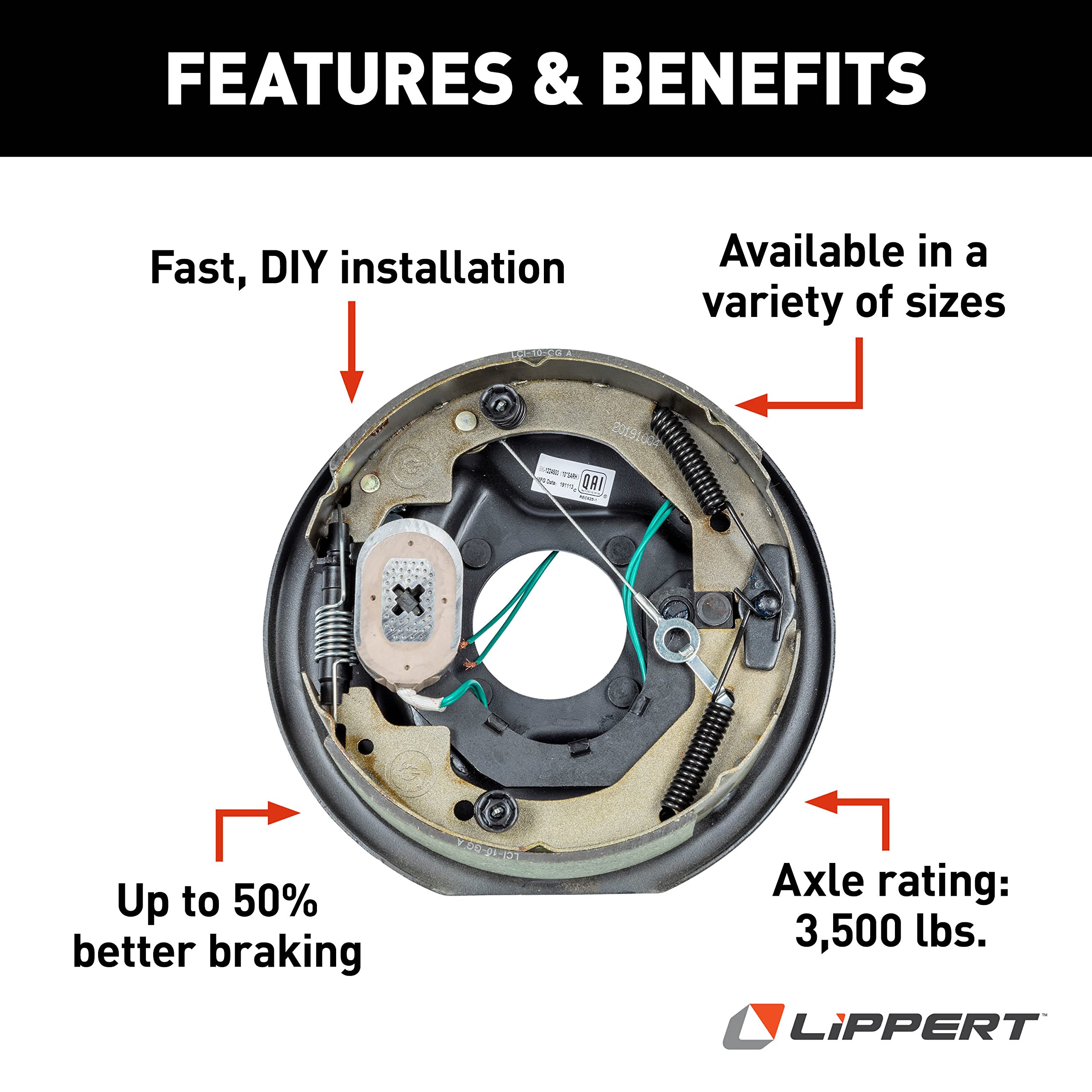 Lippert Replacement Forward Self-Adjusting Brake Assembly for RVs, Right Side, 10" x 2.5", 3,500 lbs. Capacity, for 13", 14", 14.5", 15" Wheels - 296650