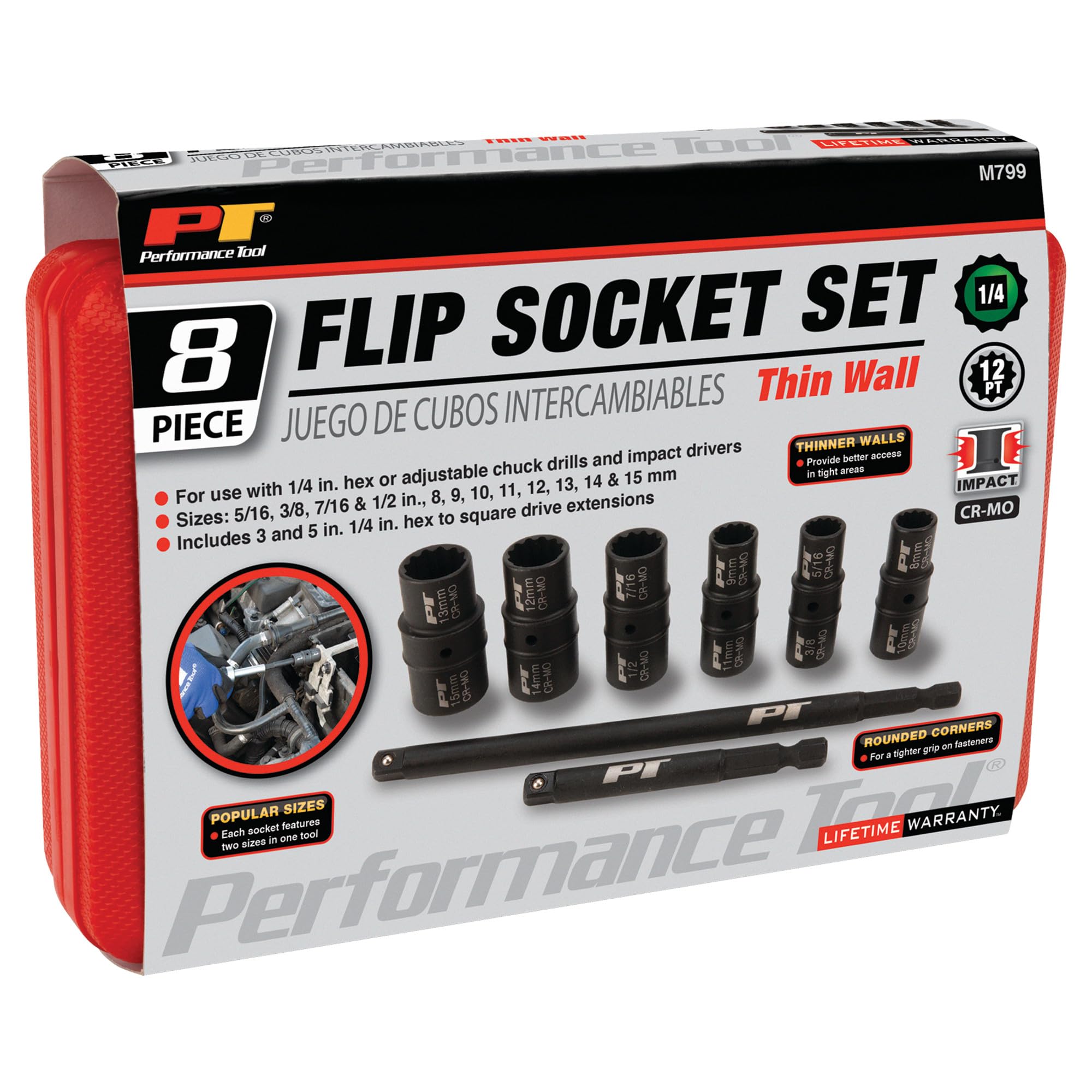 M799 Performance Tool 8Pc 1/4-Inch Drive Flip Socket Set - Includes: 5/16, 3/8, 7/16, 1/2 8mm, 10mm, 9mm, 11mm, 12mm, 14mm, 13mm and 15mm