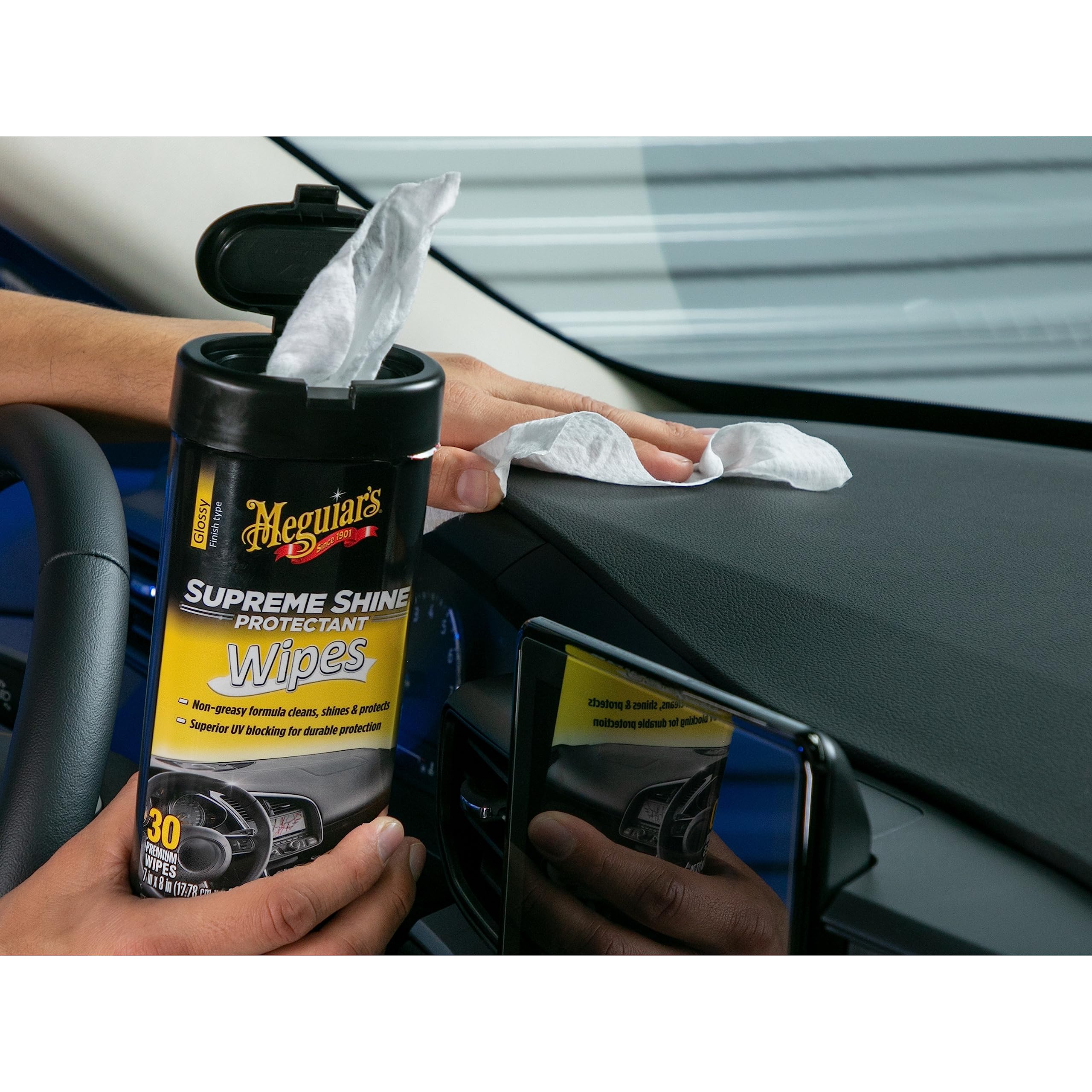 Meguiar's Protectant Wipes Supreme Shine - Convenient Wipes with UV Blocking for Durable Protection, Premium Car Wipe that Clean and Leave a Non-Greasy Glossy Shine, 30 Count