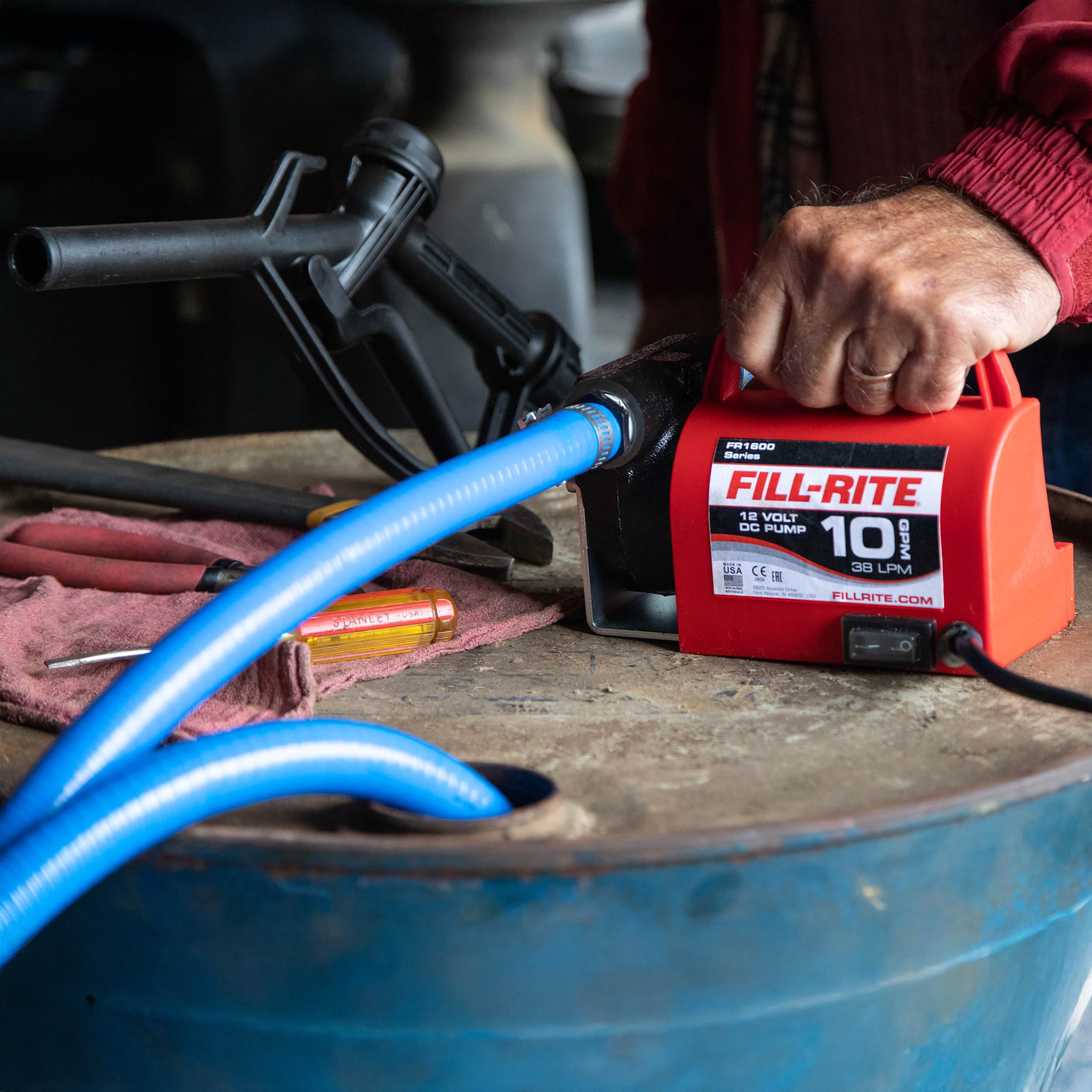 12V Fill-Rite FR1614 10 GPM Portable Fuel Transfer Pump for Diesel and Antifreeze with Suction and Discharge Hoses