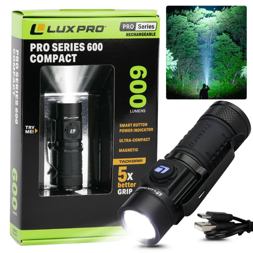 Pro Series LUXPRO LED Rechargeable High Lumens Flashlight - Compact, Waterproof Design w/ 3 Modes - Bright Flashlight for Outdoor, Emergency, Camping w/Smart Button - 600 Lumens - XP702