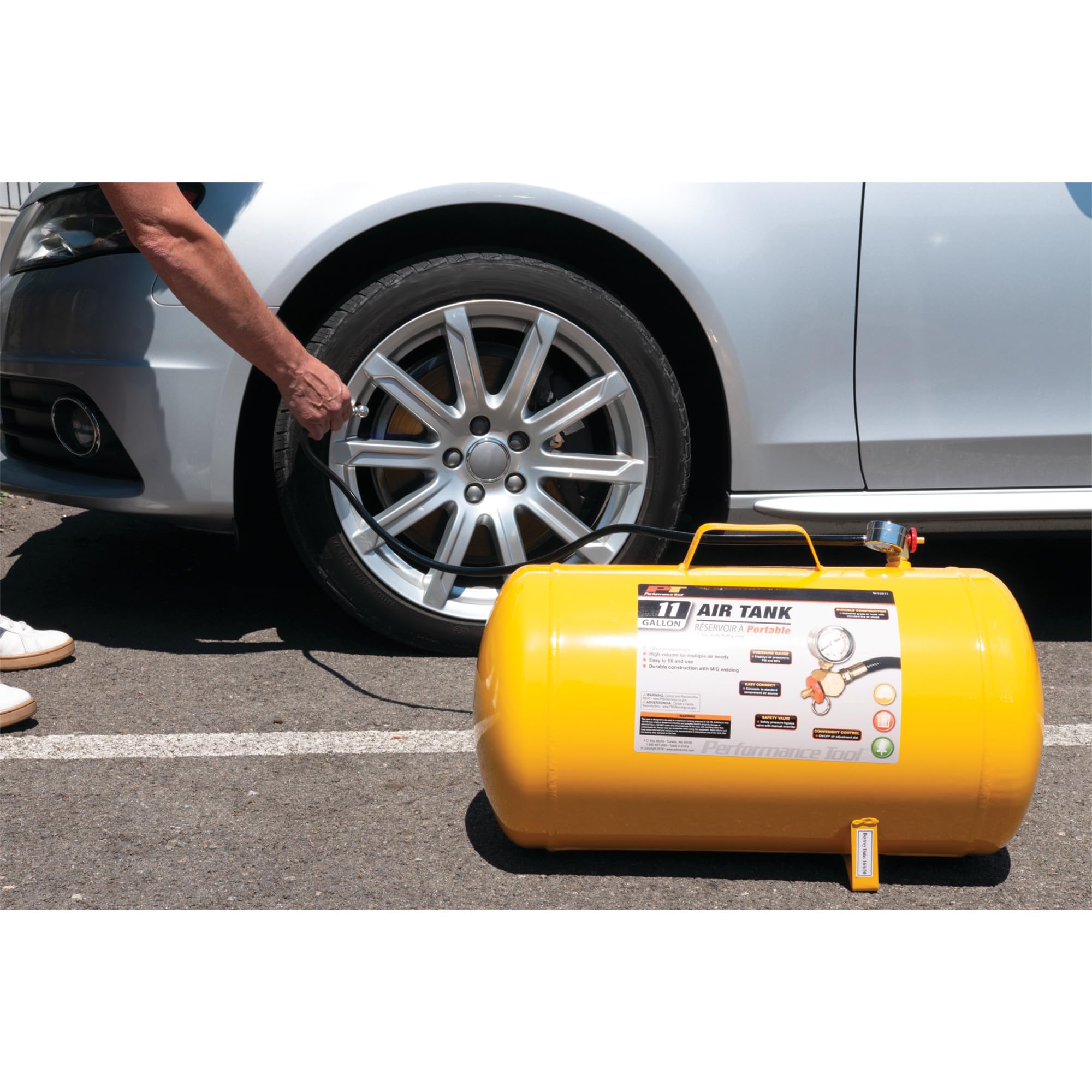 Hi-viz Performance Tool W10011 11-Gallon Horizontal Portable Air Tank With Tire Air Chuck, Yellow