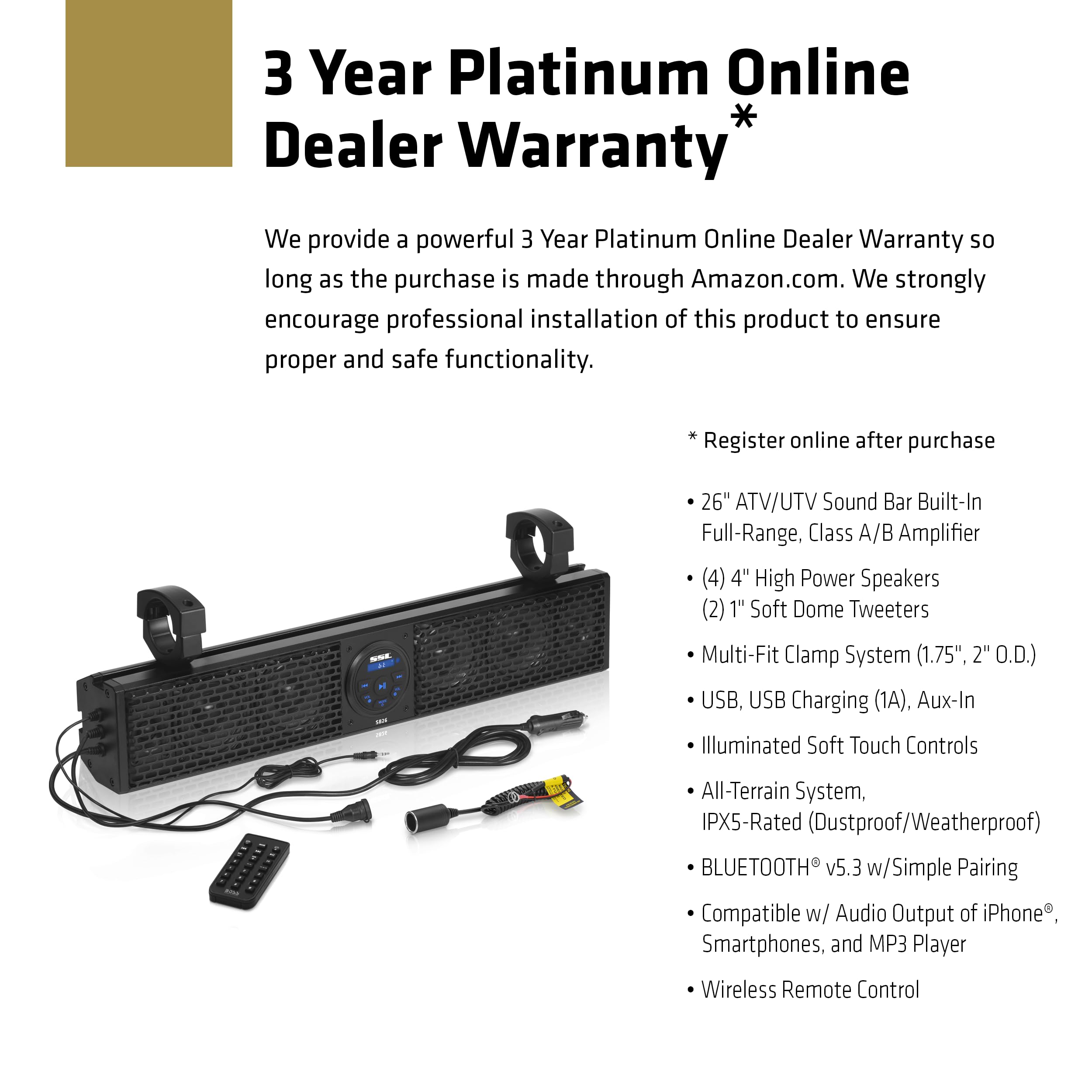 ATV UTV Sound Bar Sound Storm Laboratories SB26 - 26 Inch Wide, 4 Inch Speakers, 1 Inch Tweeters, Full Range Audio, IPX5 Weatherproof, Bluetooth, Built in Amplifier, Golf Cart Compatible