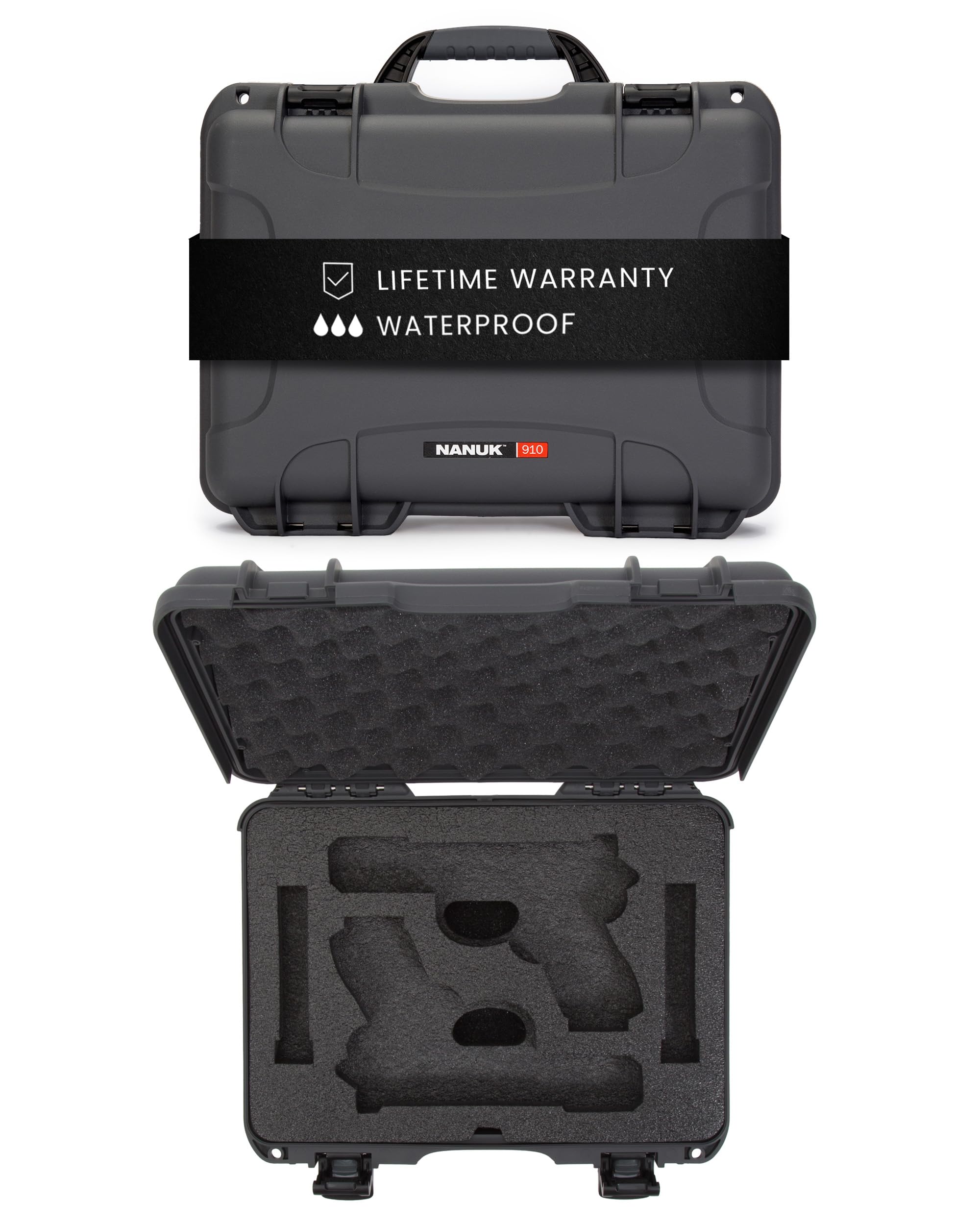 910 NANUK Hard Case with 2 UP Custom Foam Insert for Glock, IP67 Waterproof & Crushproof, Rugged Construction for Ultimate Protection, Made in North America - Graphite (14.3” x 11.1” x 4.7”)