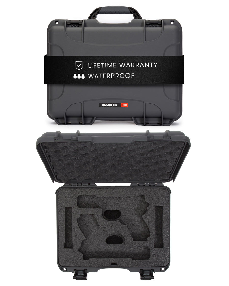 910 NANUK Hard Case with 2 UP Custom Foam Insert for Glock, IP67 Waterproof & Crushproof, Rugged Construction for Ultimate Protection, Made in North America - Graphite (14.3” x 11.1” x 4.7”)