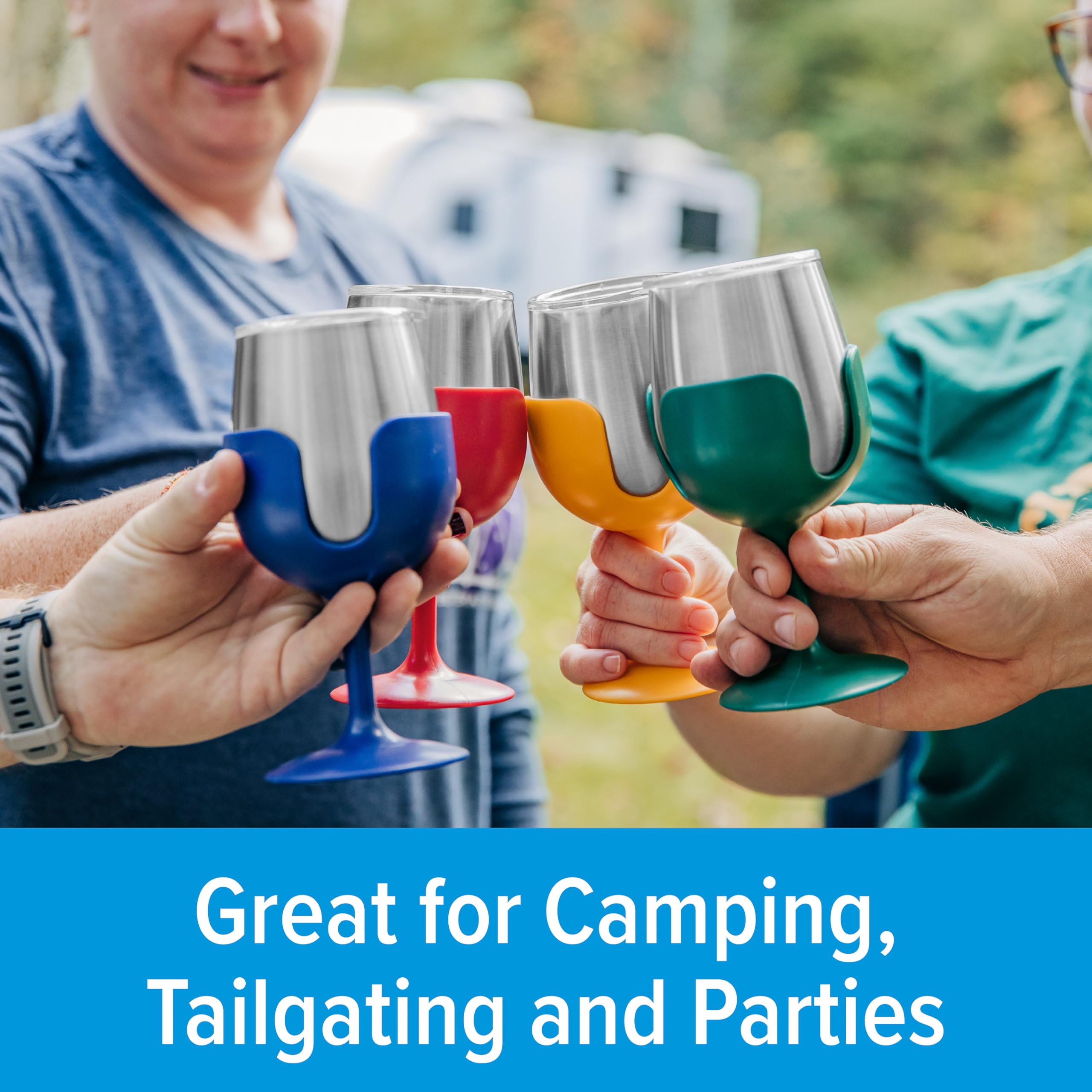 Camco Stainless Steel Wine Tumbler Life is Better at The Campsite 4-Pack - Features Heavy Duty Double Wall Vacuum Insulation & Removable Navy, Red, Green & Yellow Stems - Holds 8-oz Each (53465)