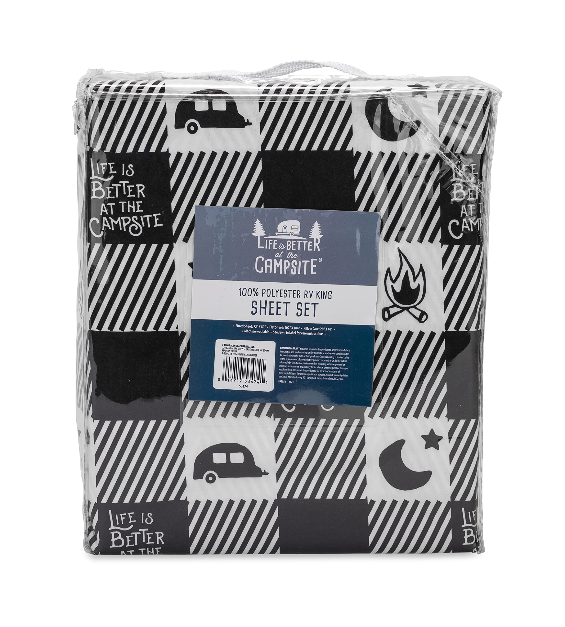 Camco RV King Sized Bed Sheet Set Life is Better at The Campsite | Features Camping Theme Design on Buffalo Plaid Pattern | Crafted of Soft Machine Washable Polyester | 4-Piece Set (53474)