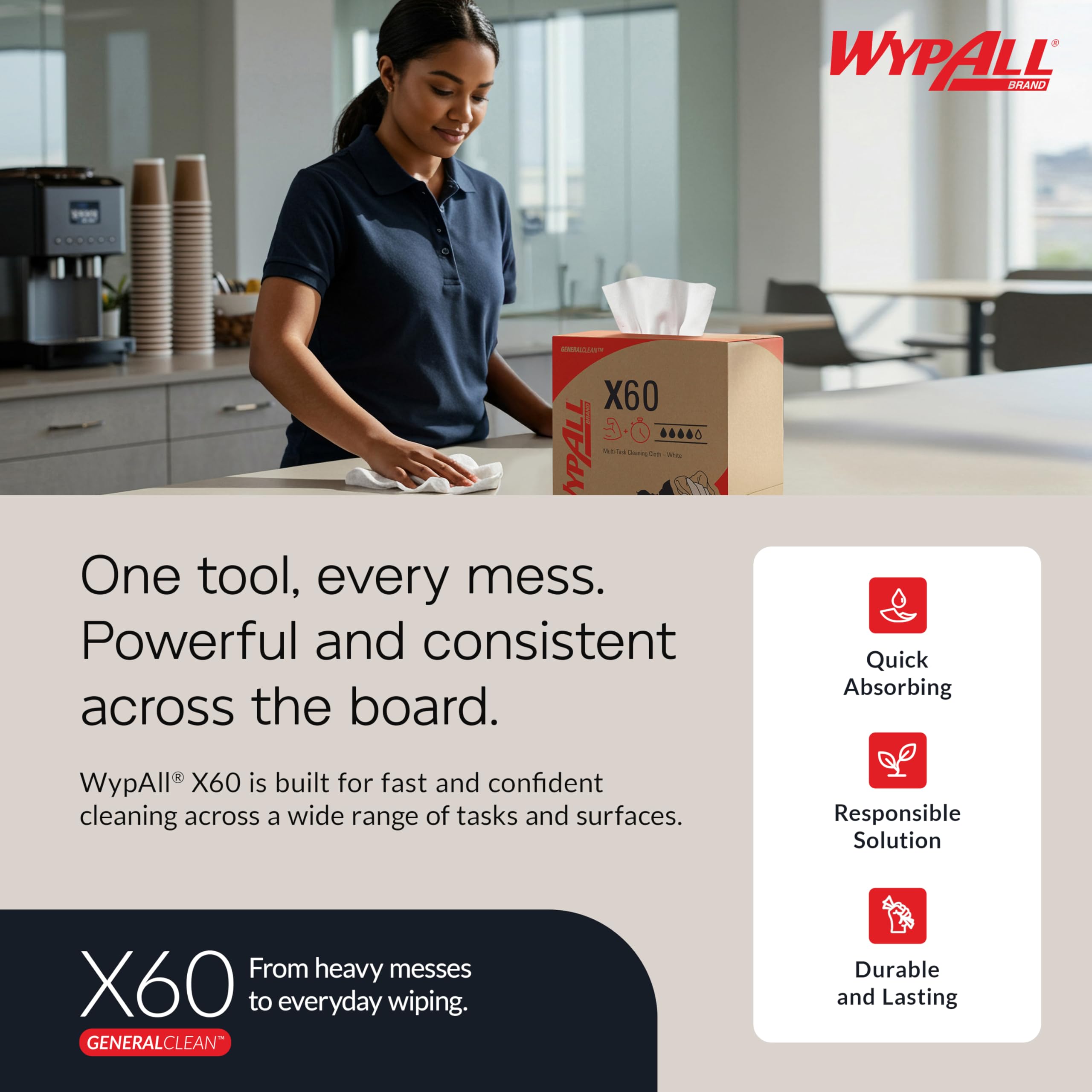 WypAll X60 GeneralClean Cloths Multi-Task Cleaning Wipes (54015), Brag Box, Strong and Absorbent Towels, White (1 Pack of 236 Sheets, 236 Sheet Total)