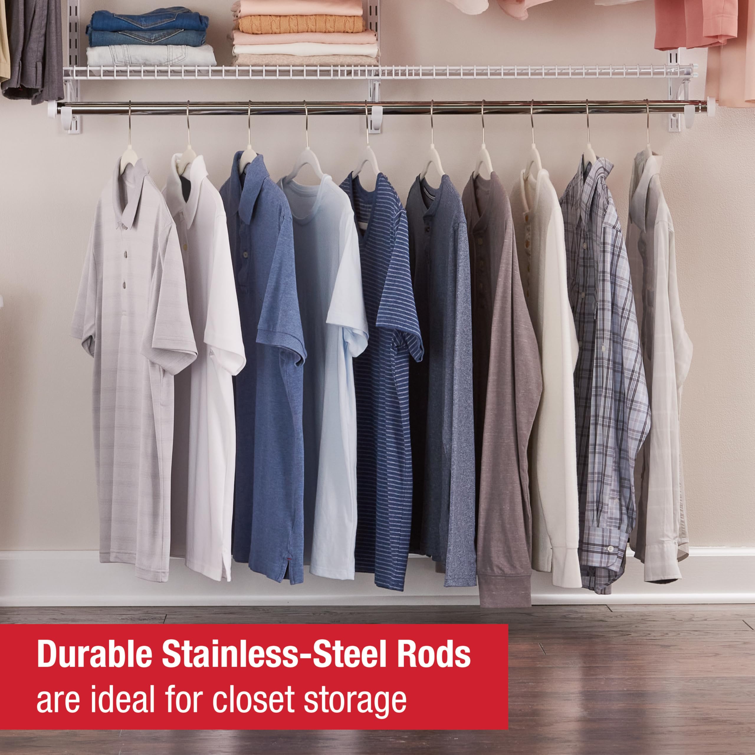 Rubbermaid Configurations Custom Closet Kit Adjustable Metal Wire Shelving 4-8 Ft. White Finish Expandable Organization System Hardware Included for Home Closet/Pantry/Laundry/Mudroom