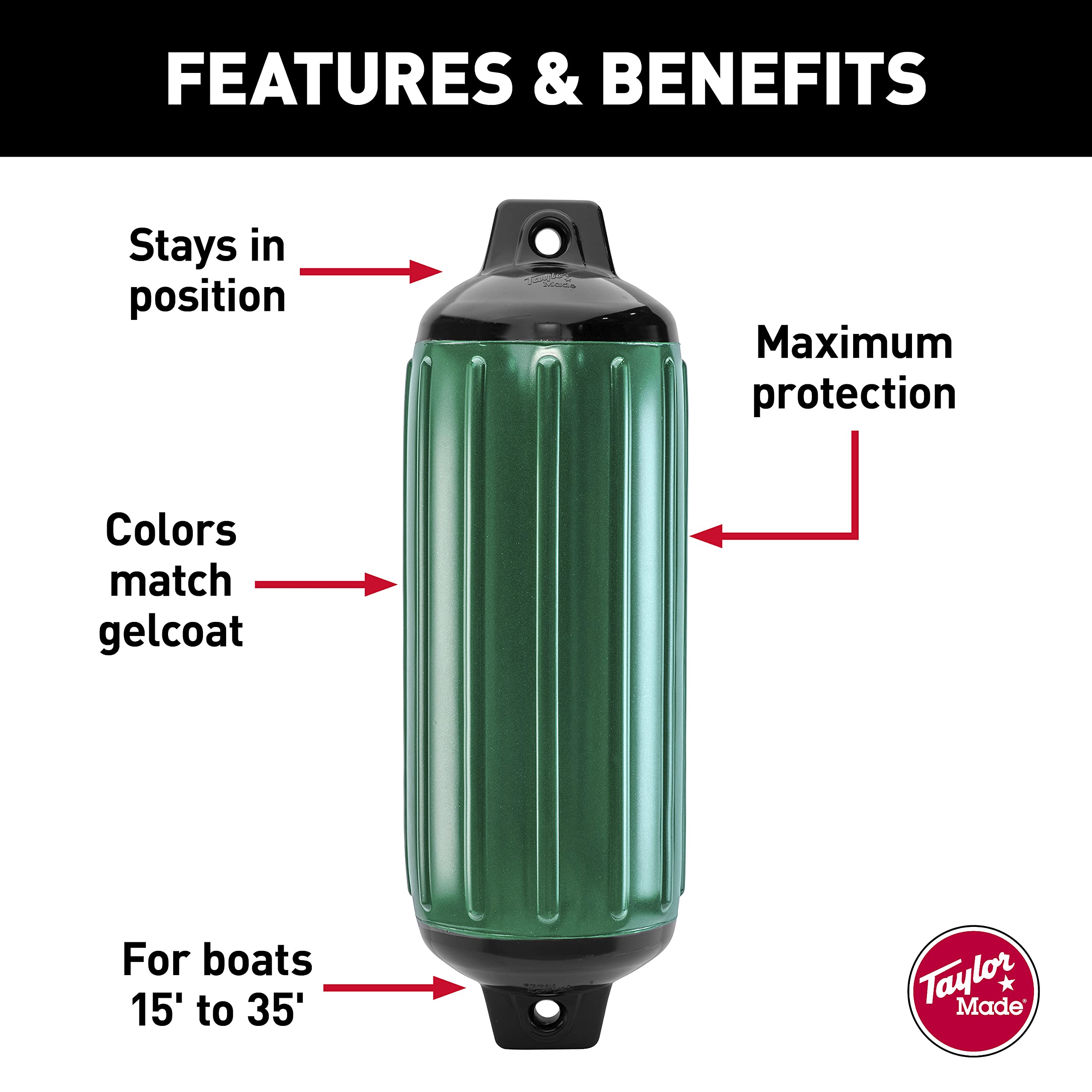Emerald Green Taylor Made Super Gard Boat Fender, (10.5" x 30") Double-Molded Ends, Ribbed Technology to Minimize Roll, Rubber Football Needle Inflation Valve, Marine-Grade Vinyl - 954128