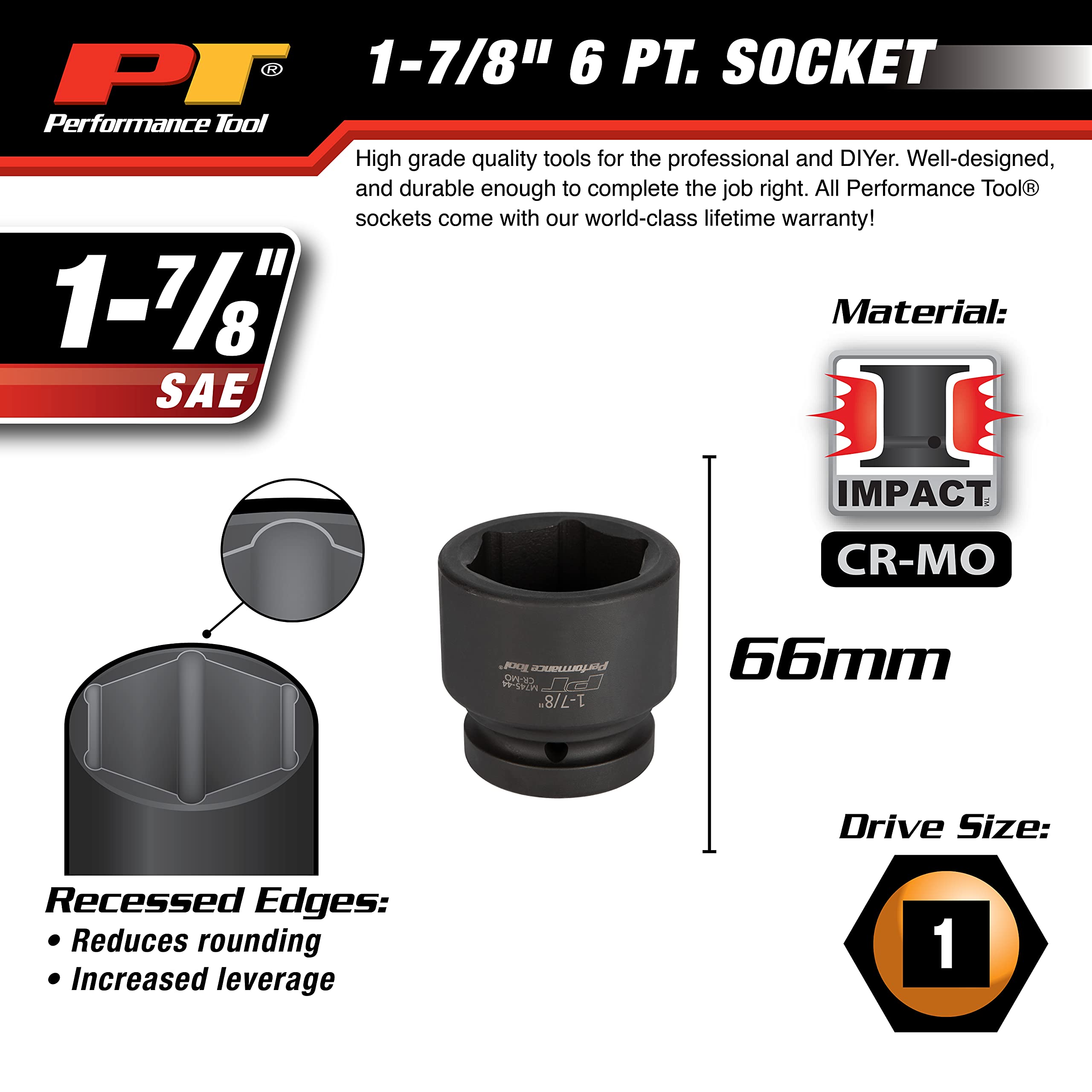 M745-44 Performance Tool 1 In Drive 1-7/8 in Impact Socket for Heavy-Duty Automotive Repair and Maintenance