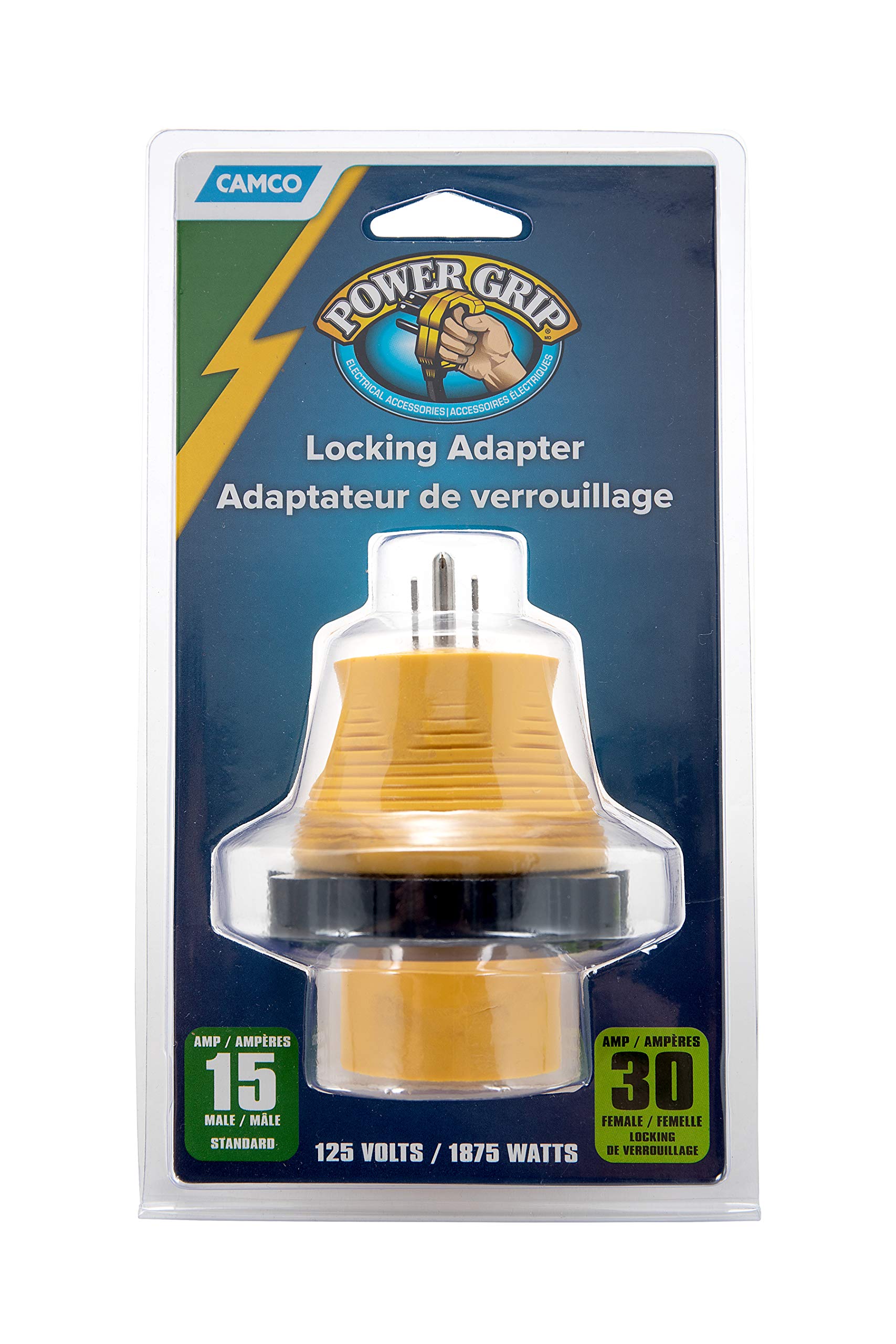 Camco 15A-30A Power Grip RV Locking Adapter | Compatible with 30-Amp Locking Plugs | Weatherproof Connection | Easy Outlet Removal | 125 Volt / 1875 Watt (55640)
