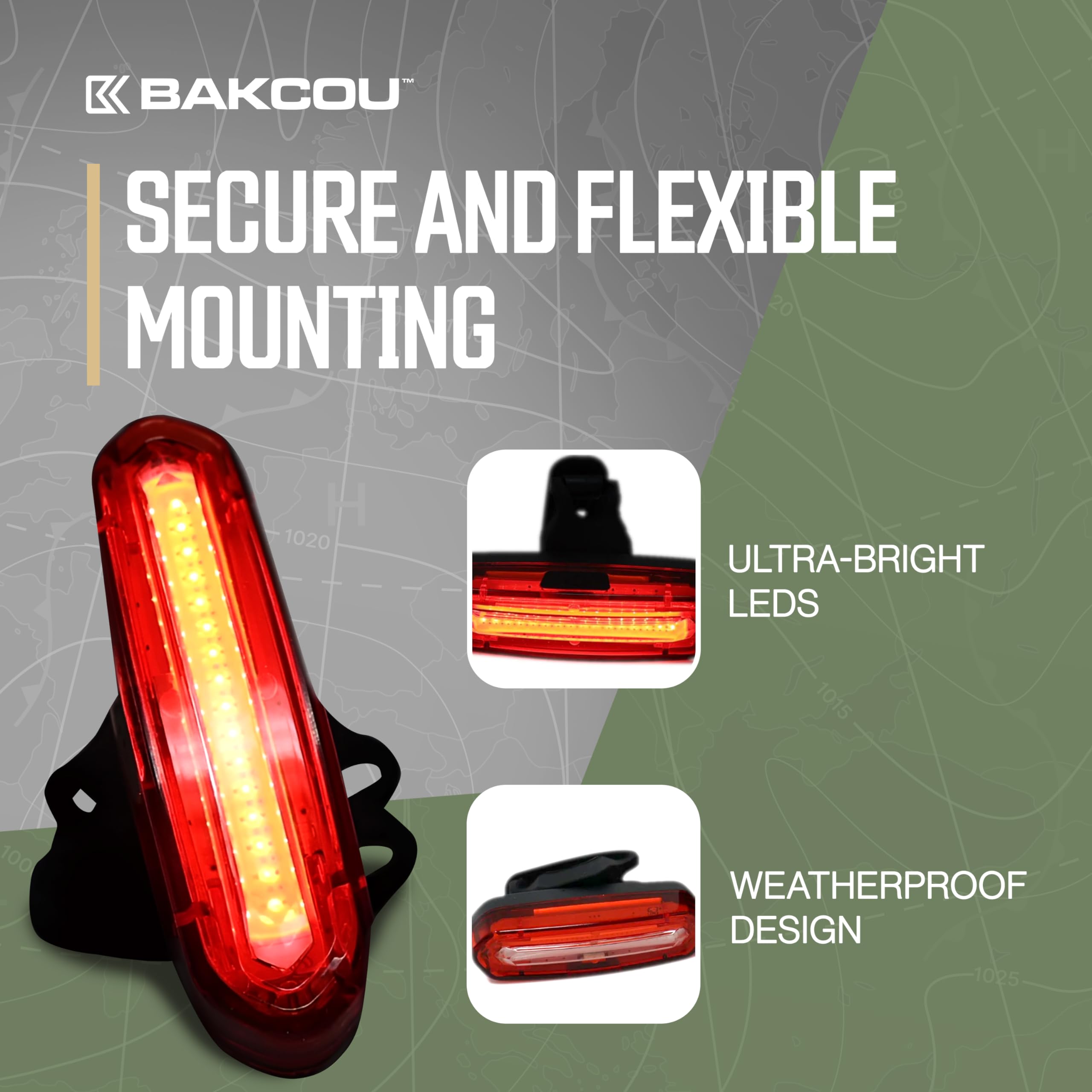 Rechargeable Bakcou Tail Light - 120 Lumens, 15-Hour Battery, Weatherproof, Stretchy Silicone Band, 4 Light Modes, Ultra-Bright LEDs