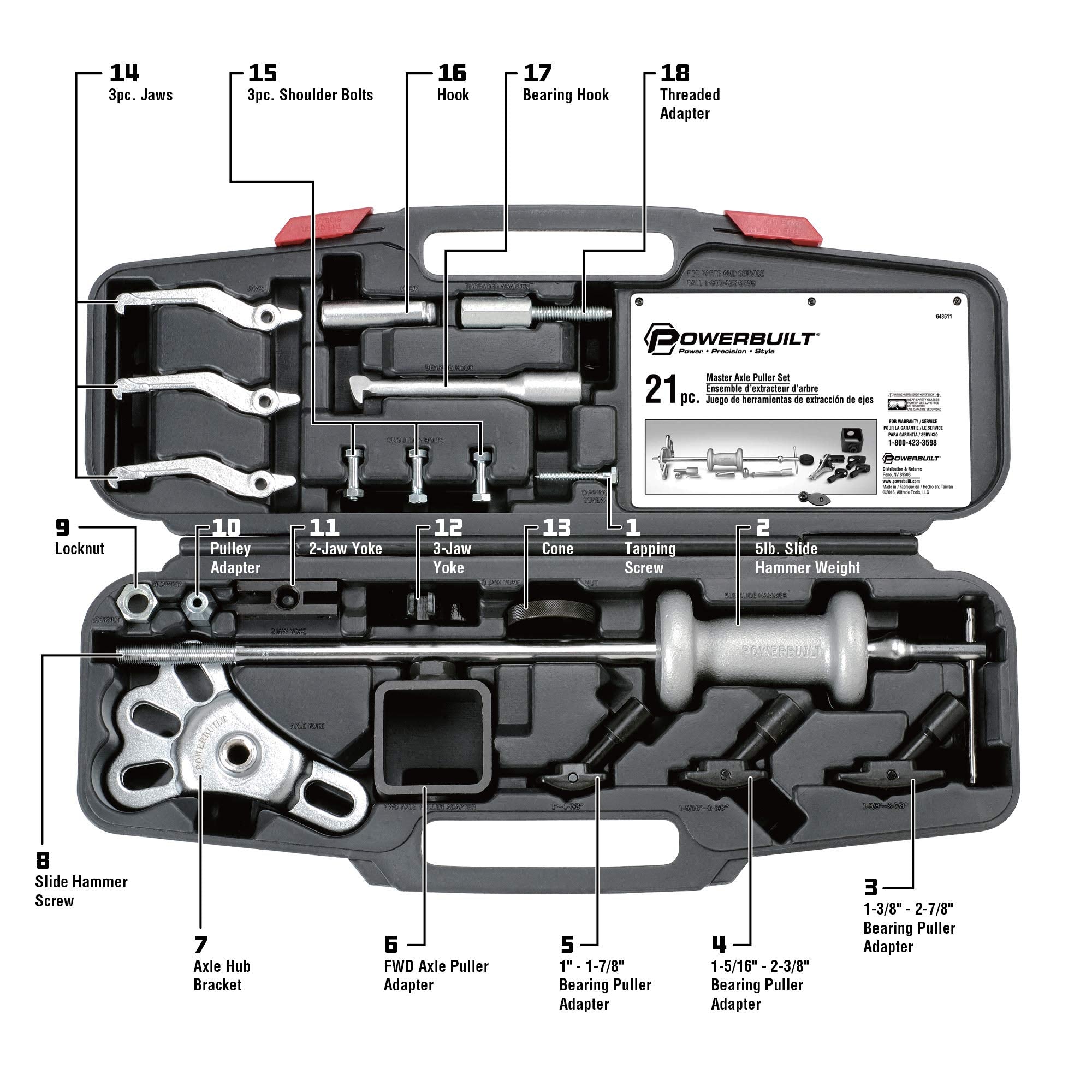 Master Powerbuilt Axle Puller Tool Set, Remove Car Front and Rear, Bearings and Seals, Vehicle Repair 21 Piece Kit - 648611, Silver