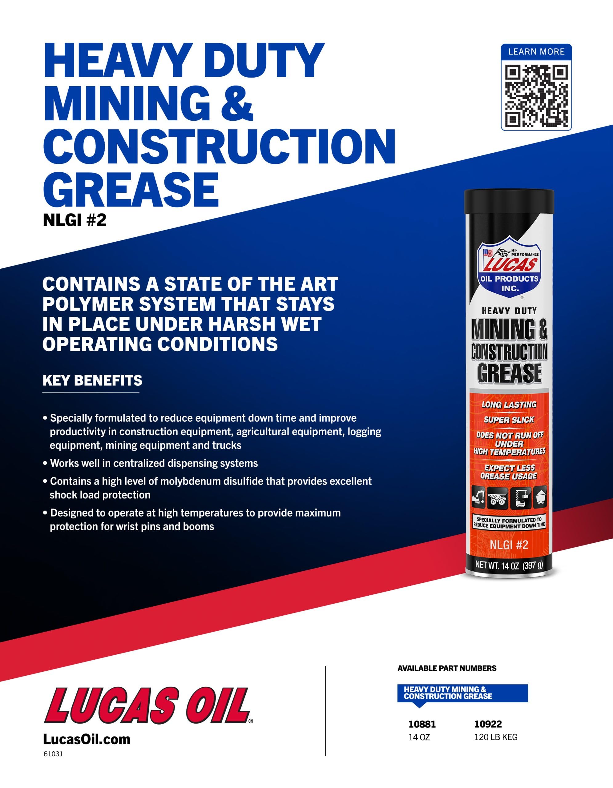 H/D Minng & Construction Grease Lucas Oil/30x1/14.0 OZ Cartridge