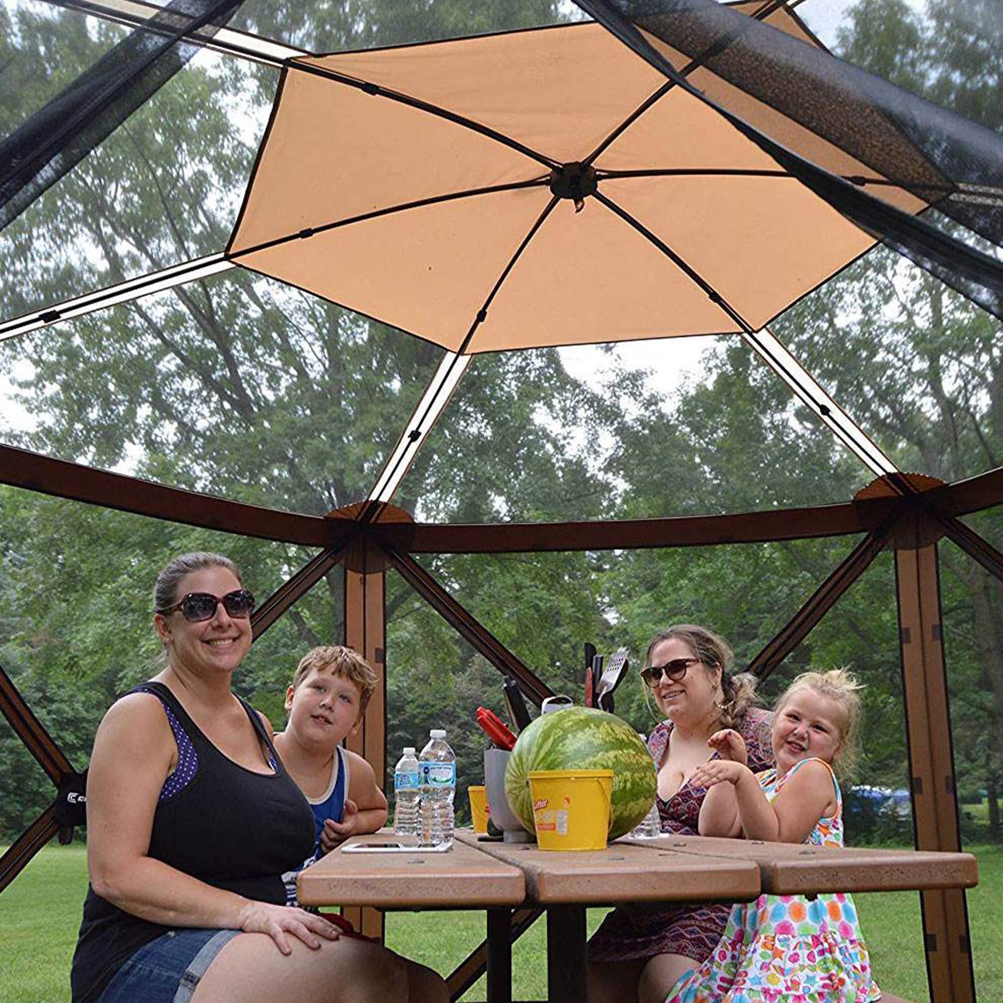 Clam Quick-Set Shelter Sky Screen – 8-Person Pop-Up Tent with Screened Roof for Airflow & Stargazing, 140" x 140", Brown, Instant Setup, Oversized Carry Bag – Camping, Tailgating, Outdoor Use