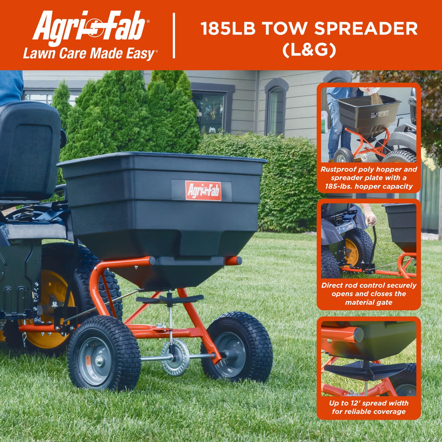 Tow-Behind Agri-Fab 45-0547 185 lb. Lawn & Garden Broadcast Spreader for Seed,Fertilizer,Salt,Ice Melt; Easy to use Flow Control from Seat of Riding Lawn Mower