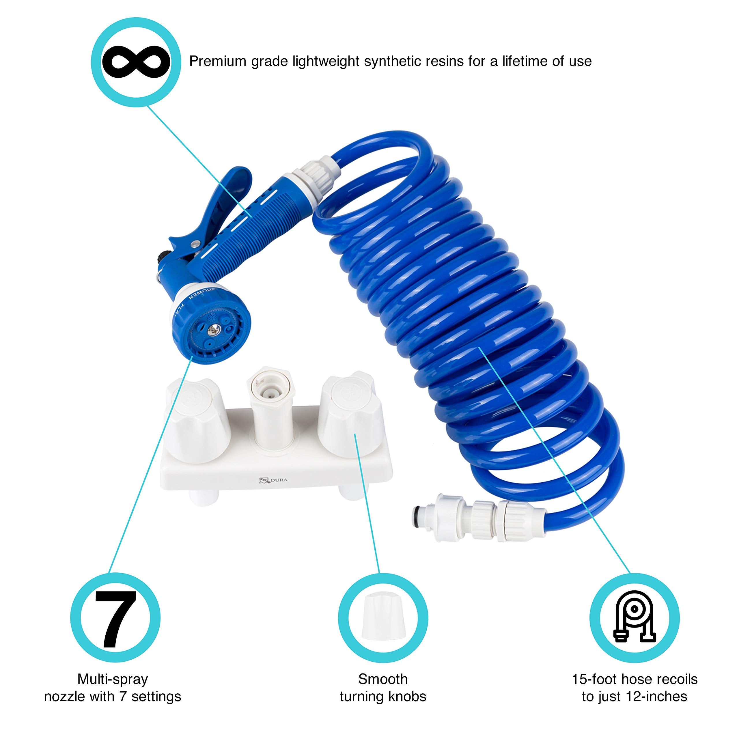 Dura Faucet RV Exterior Quick Connect Detachable Spray Faucet DF-SA186-WT with 7-Option Nozzle (White/Blue)