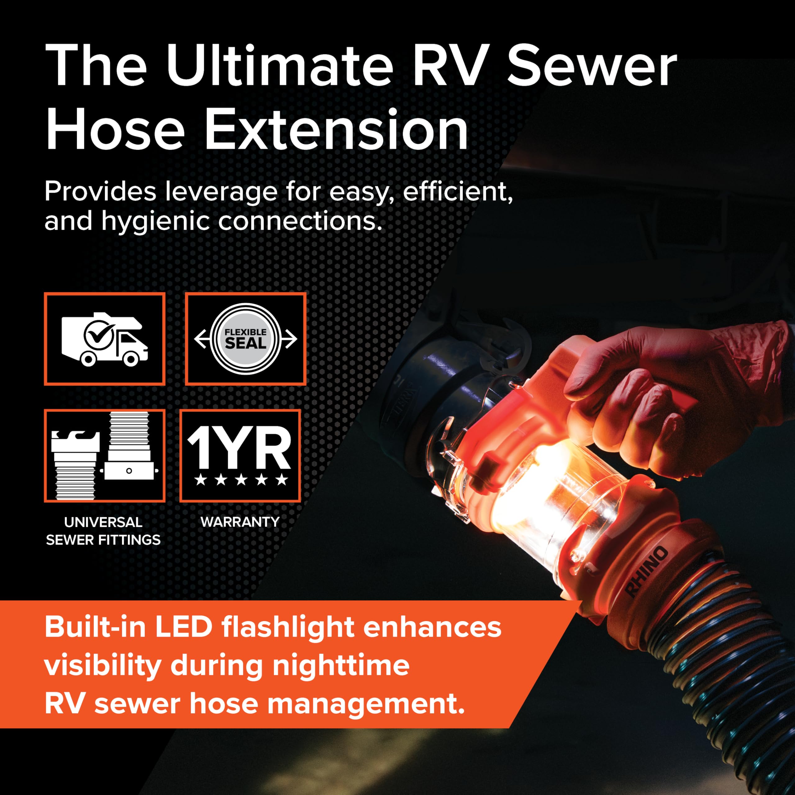 Rhino RV Sewer Hose Extender PRO Camco – 5″ Sewer Hose Extension — Torque-Grip Handle with Built-in LED Flashlight — The Easiest Way to Connect Your RV Sewer Hose (39570)