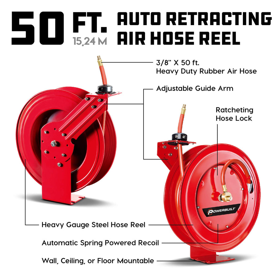 Powerbuilt Heavy Duty Auto Retracting Hose Reel with 3/8 Inch by 50 Foot Air, Max 300 PSI, Ceiling/Wall Mounted Heavy Duty Industrial Commercial Air Compressor Hose Reel - 642228