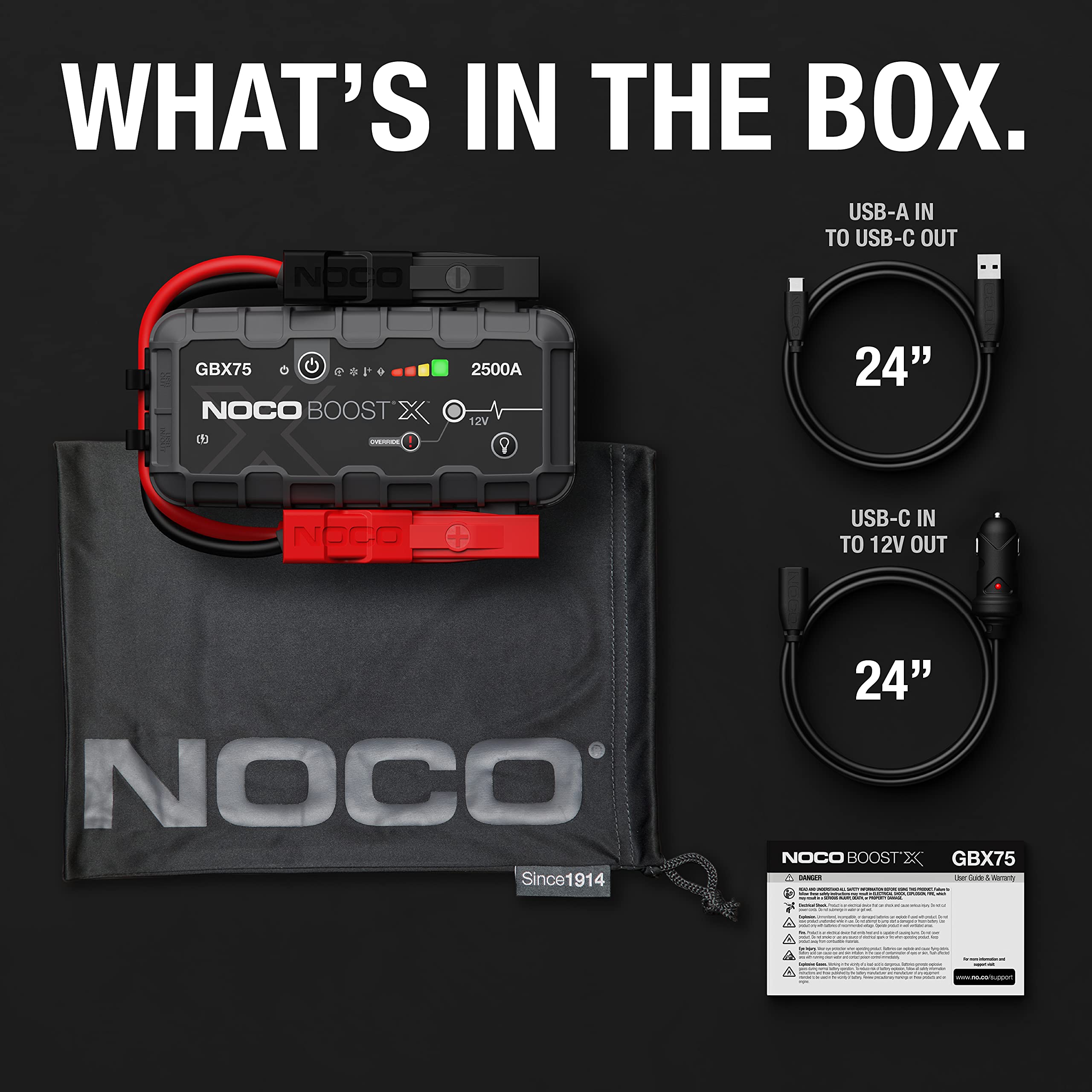 Boost X NOCO GBX75: 2500A UltraSafe Jump Starter – 12V Lithium Battery Booster Pack, Portable Jump Box, Power Bank & Jumper Cables - for 8.5L Gas and 6.5L Diesel Engines