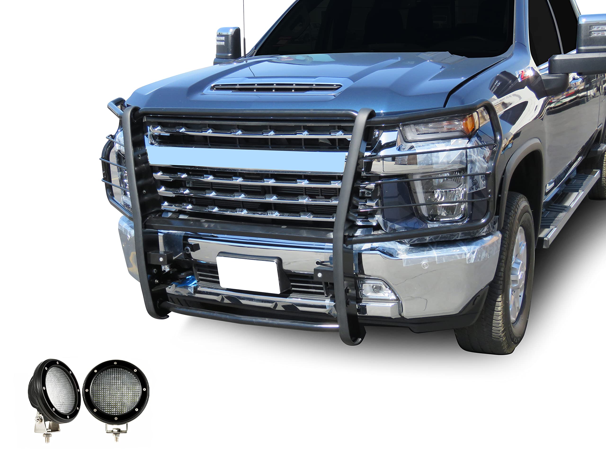 Black Horse Grille Brush Bumper Guard Black Modular Come with Pair of 5.3" Dia.LED Lights with Trim Rings Compatible with 2020-2024 Silverado 3500 HD|2020-2024 Silverado 2500 HD-17GT30MA-PLFB