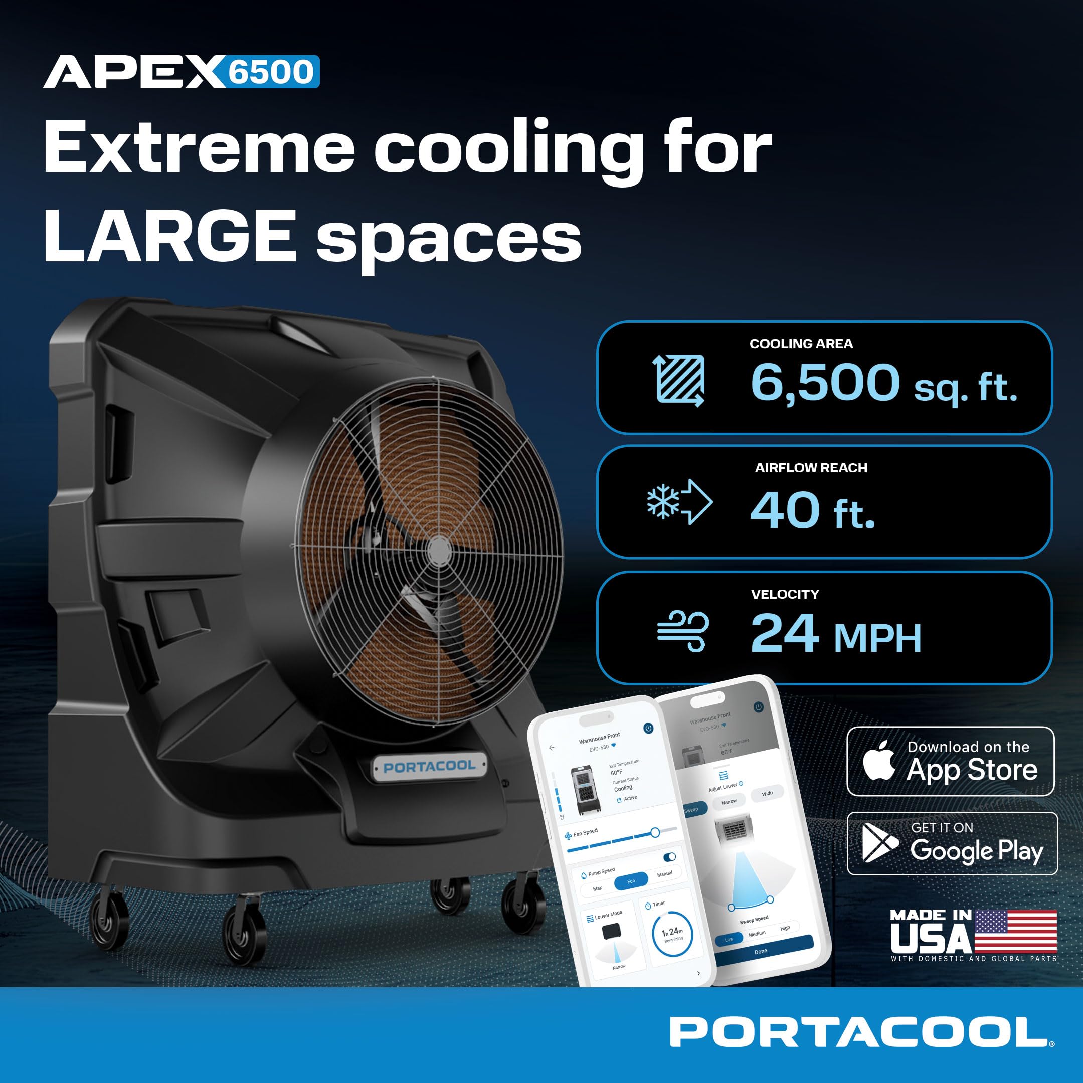 Apex 6500 Portacool (PACA65001A1) – Wi-Fi Enabled High Velocity Portable Evaporative Cooler for 6500 sq. ft. with up to 40-foot Reach, Programable, 66 Gallon Reservoir, Variable Speed