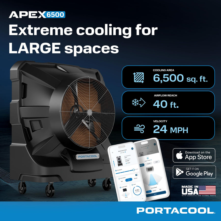 Apex 6500 Portacool (PACA65001A1) – Wi-Fi Enabled High Velocity Portable Evaporative Cooler for 6500 sq. ft. with up to 40-foot Reach, Programable, 66 Gallon Reservoir, Variable Speed