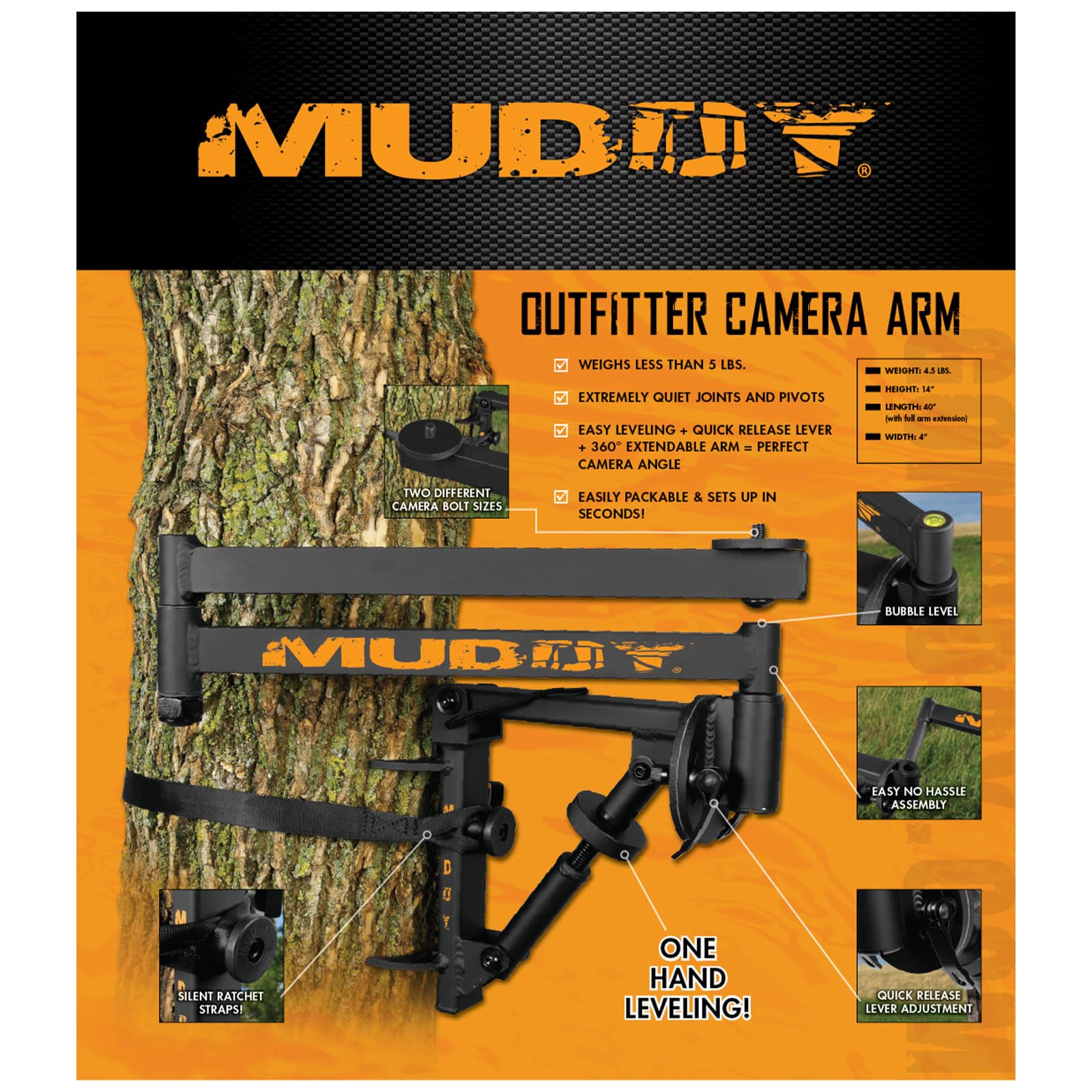 Camera Arm Muddy Outfitter with Steel Construction, 360-Degree Extension, Bubble Level, and Quick Release Lever Adjustments (Black)