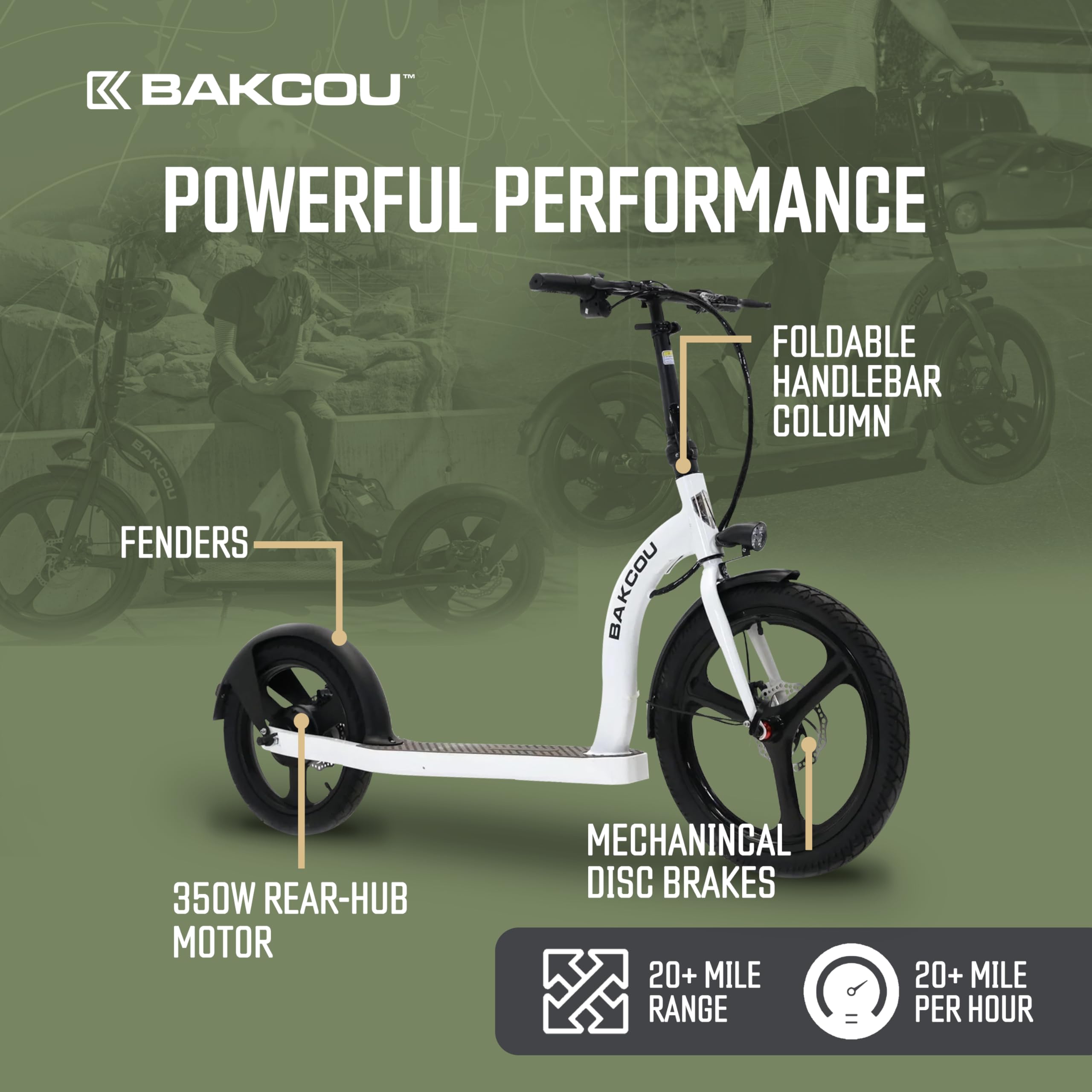 Bakcou - Electric Scooter Foldable Badger with Seat - Gloss White - 350W Motor 36V Battery, Large Wheels, Disc Brakes with Lights, Horn & Charger