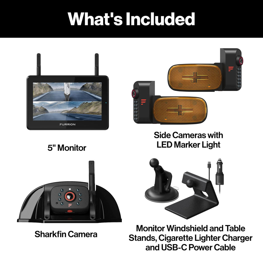 Furrion Vision S+ RV Backup Camera System 2021124375 - 5" Monitor, Side Cameras, Rear Sharkfin Camera # FOS5HTAEN