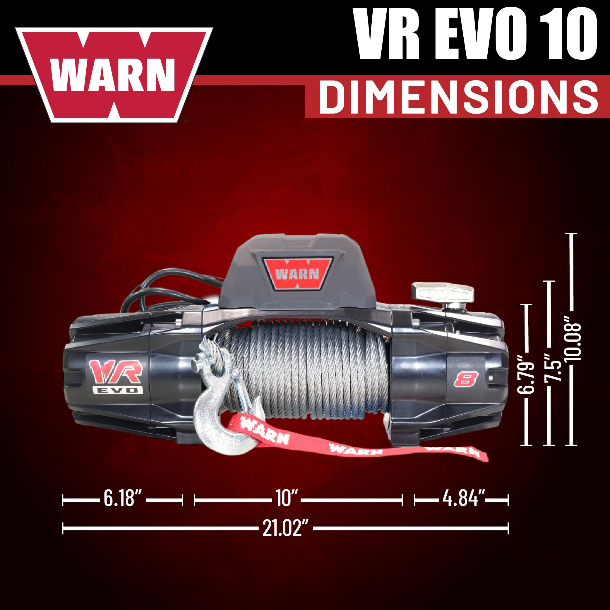 10 WARN VR EVO Standard Duty Electric Winch for Pickups, 1/2-ton, Jeeps, and Larger SUVs, 12V DC, 10,000 lb Line Pull, 90 ft Steel Cable with Roller Fairlead, Relocatable Control Pack.