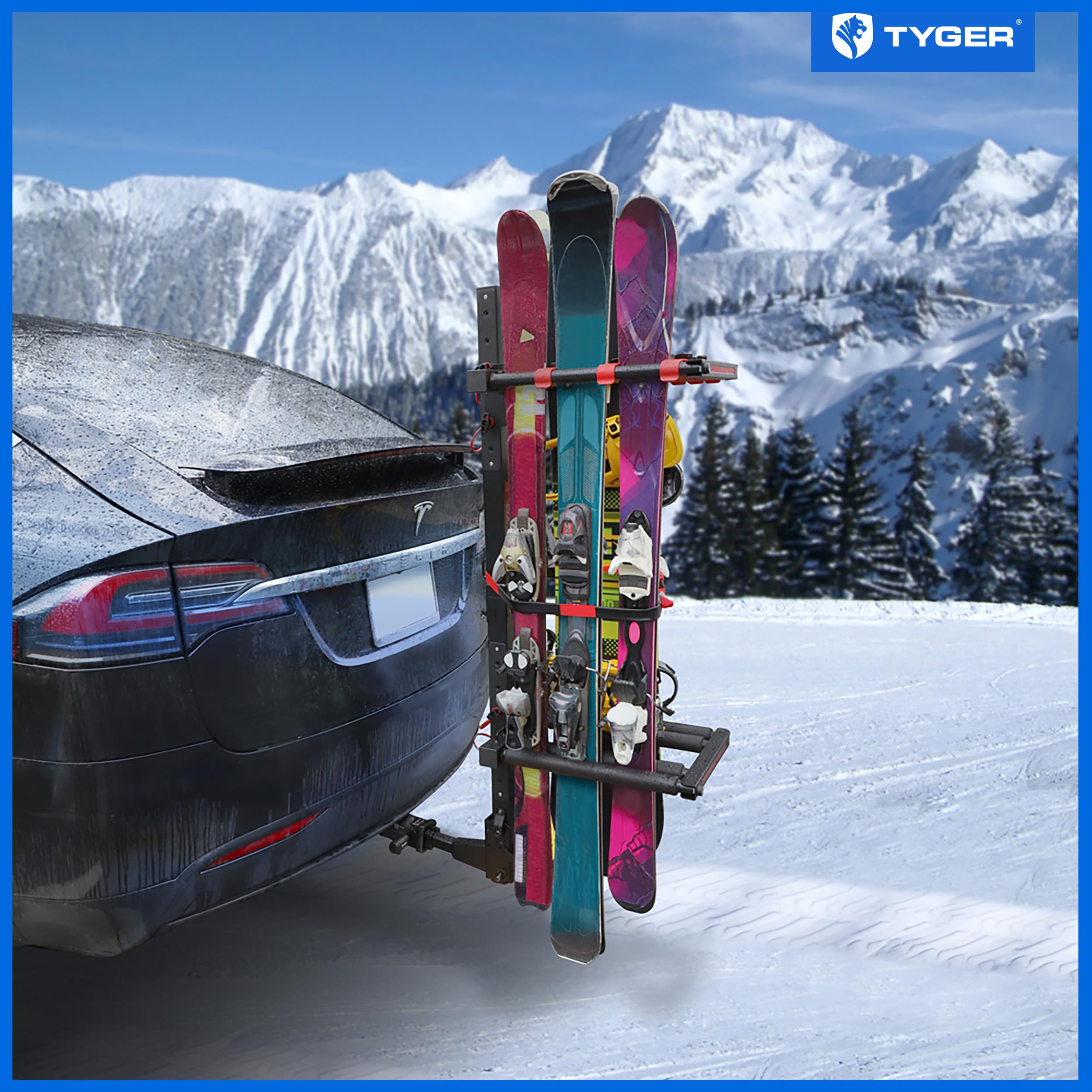 Folding Hitch-Mounted Ski/Snowboard Rack Tyger Auto TG-RK1B707B Fits 2" or 1.25" Receiver Carries 6 Pair Skis or 4 Snowboards | Key Lock | Security Strap | Vertical Adjustable | Tilt Access