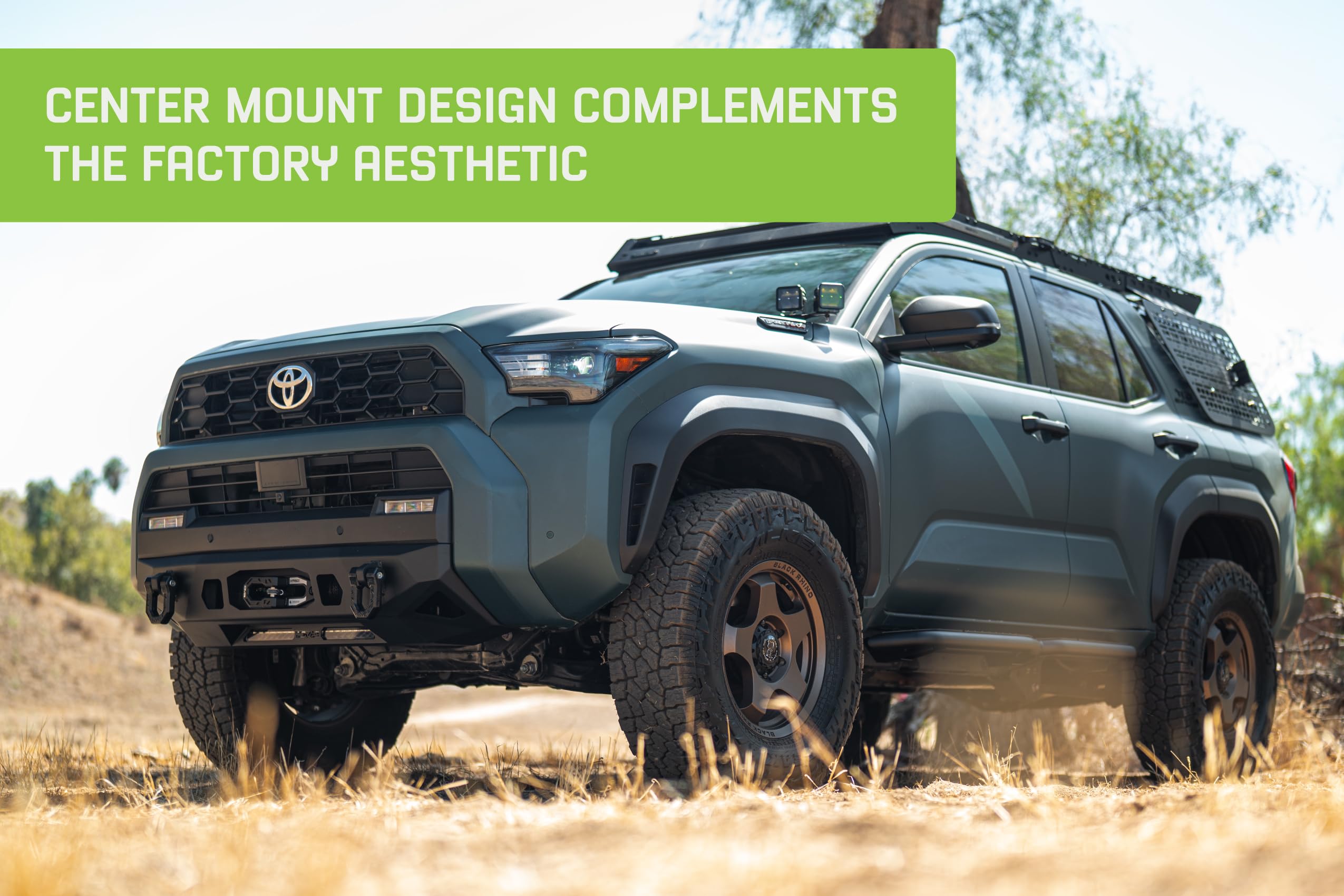 Centric Winch Front Bumper DV8 Offroad for 2025 Toyota 4Runner | Winch Mount | 20" Single Row Light Bar Mount | Pair of 3" Pod Light Mounts | (2) 1" Thick D-Ring Mounts | Powder Coated Finish | Steel