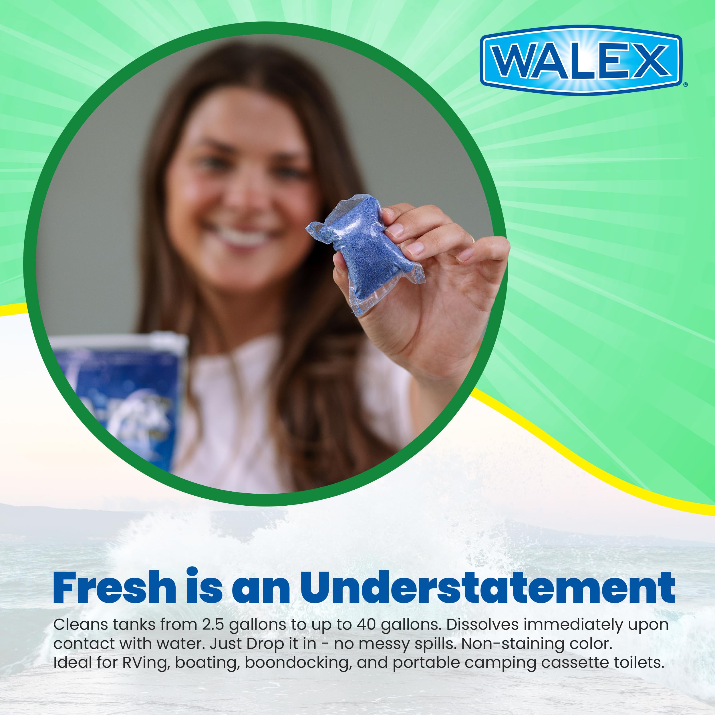 Walex Black Porta-Pak Holding Tank Deodorizer & Portion Control System Drop-Ins - Rapid Breakdown of Waste & Paper, Odor Prevention, Cleans Tank & Sensors - Fresh Scent, 10-Pack
