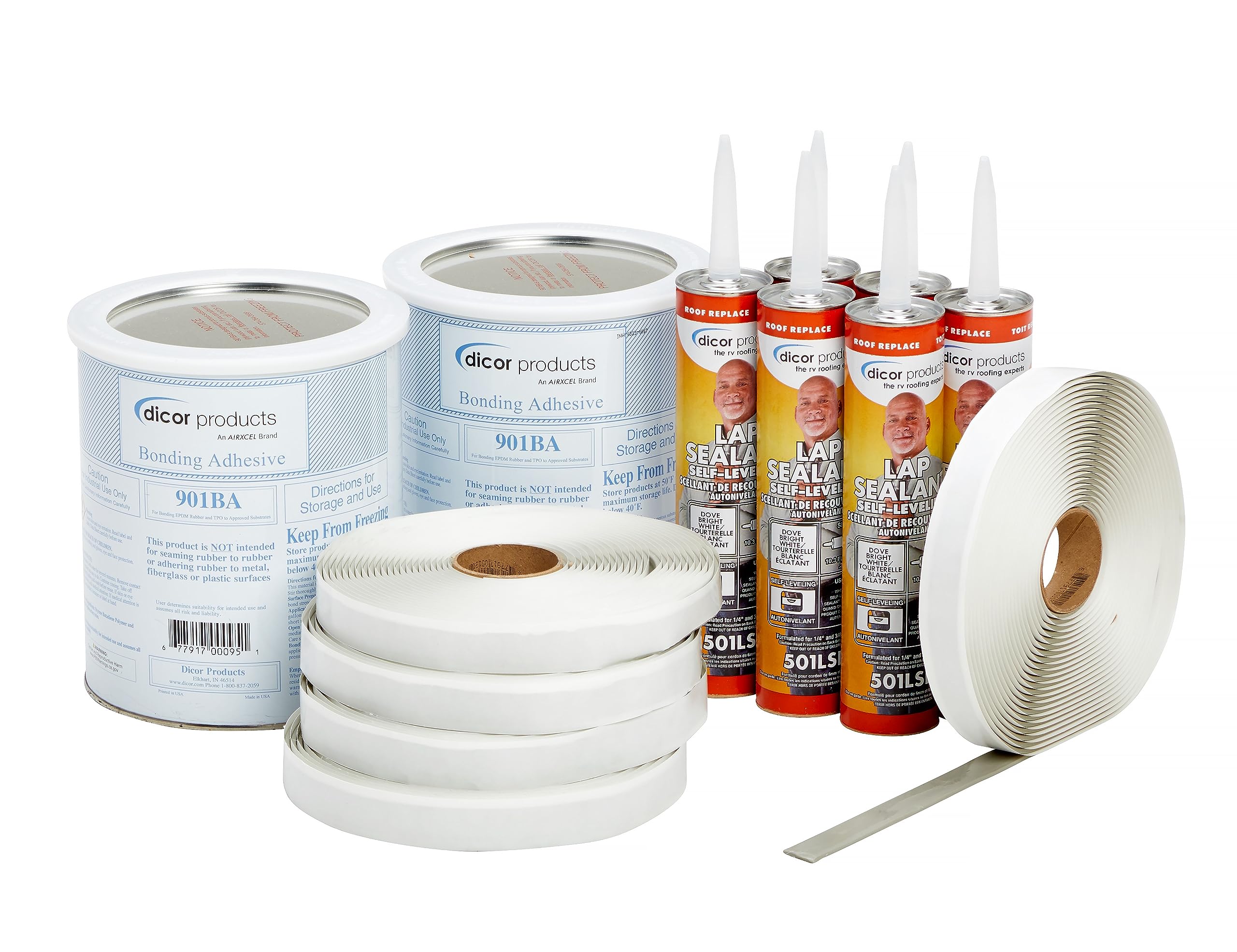 Dicor RV Rubber Roof Kit 401-CK-D - Bonding Adhesive, Trailer, Motorhome Repair Butyl Tape, Lap Sealant Included, Dove (Bright White)