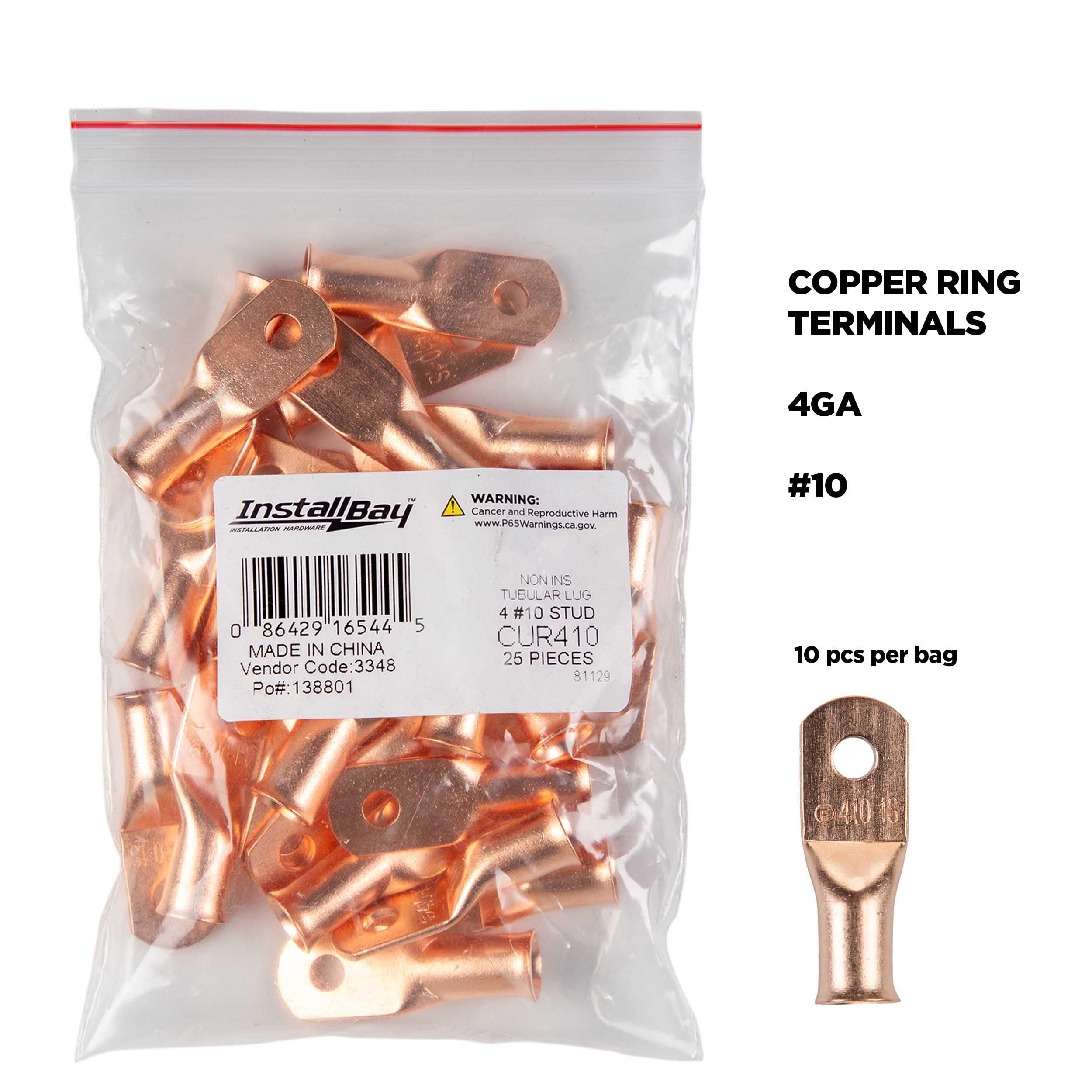 Copper Ring Terminal Install Bay 4 Gauge #10 25 Pack - CUR410