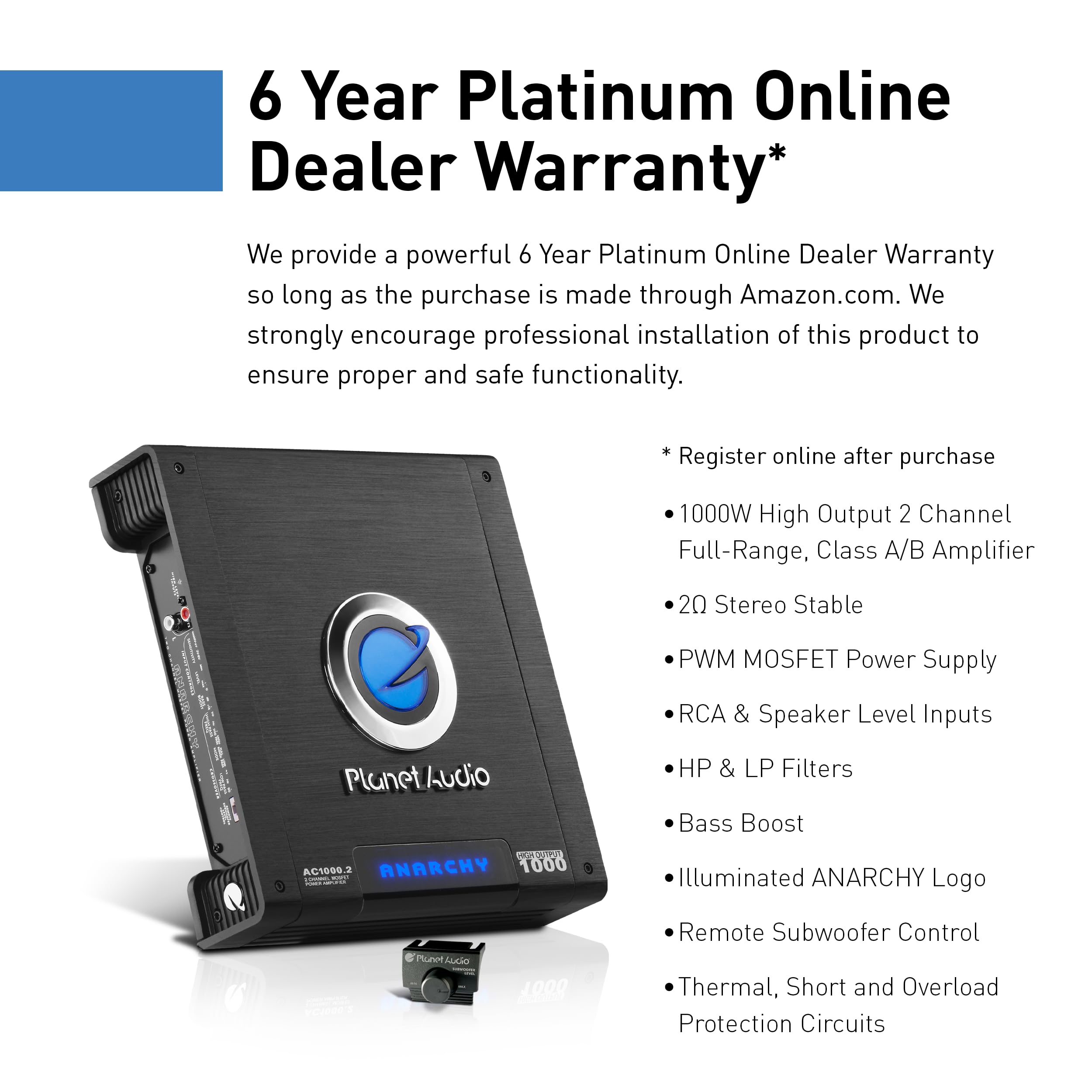 Planet Audio 2 Channel AC1000.2 Car Amplifier - 1000 Watts, Full Range, Class A/B, 2-4 Ohm Stable, Mosfet Power Supply, Bridgeable