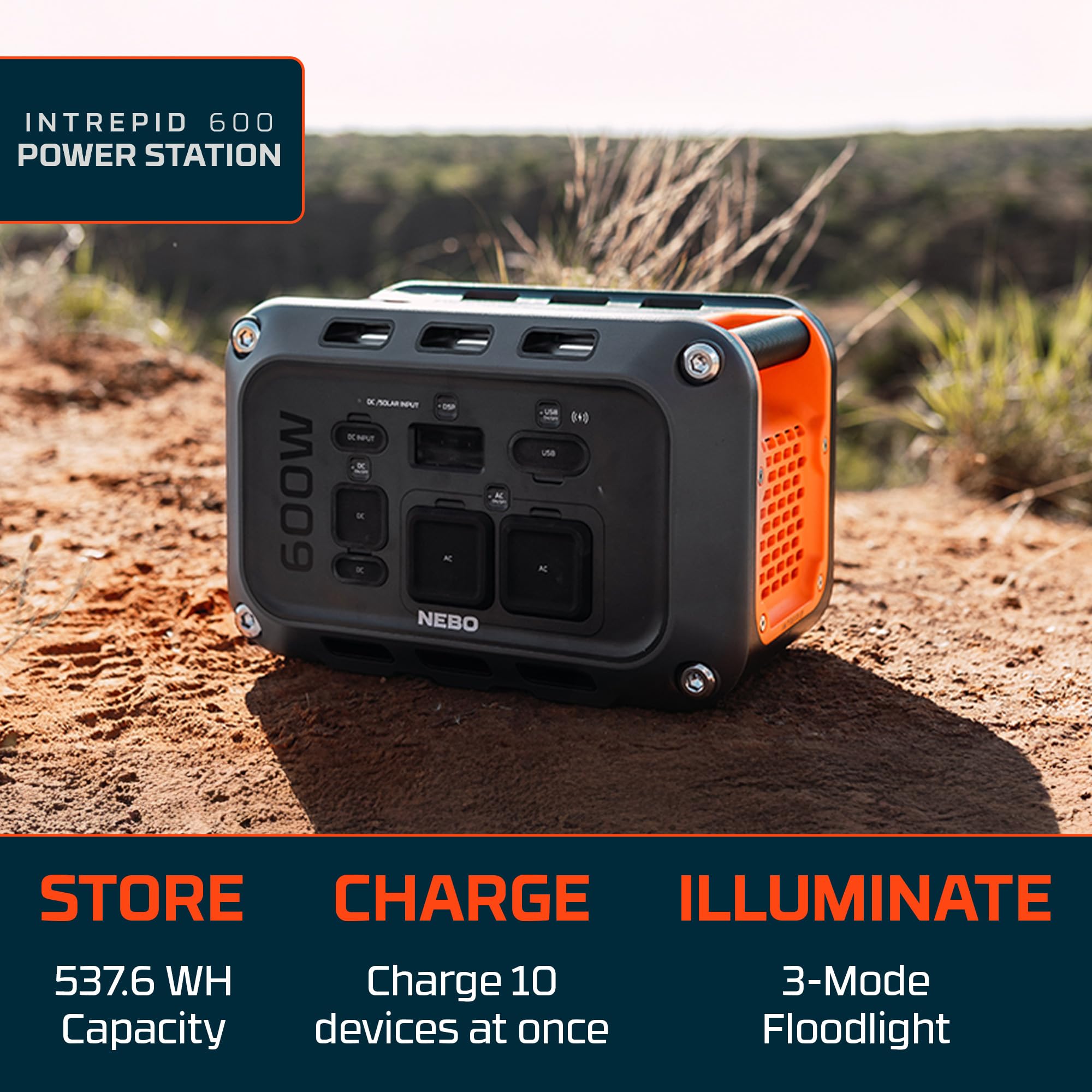 600 W NEBO INTREPID Power Station | 537.6Wh Capacity, Portable Uninterruptible Power Supply for Emergencies, LiFePO4 Battery, 10 Outlets, 4 Hour Recharge, OVERDRIVE Runs Devices up to 1050 Watts
