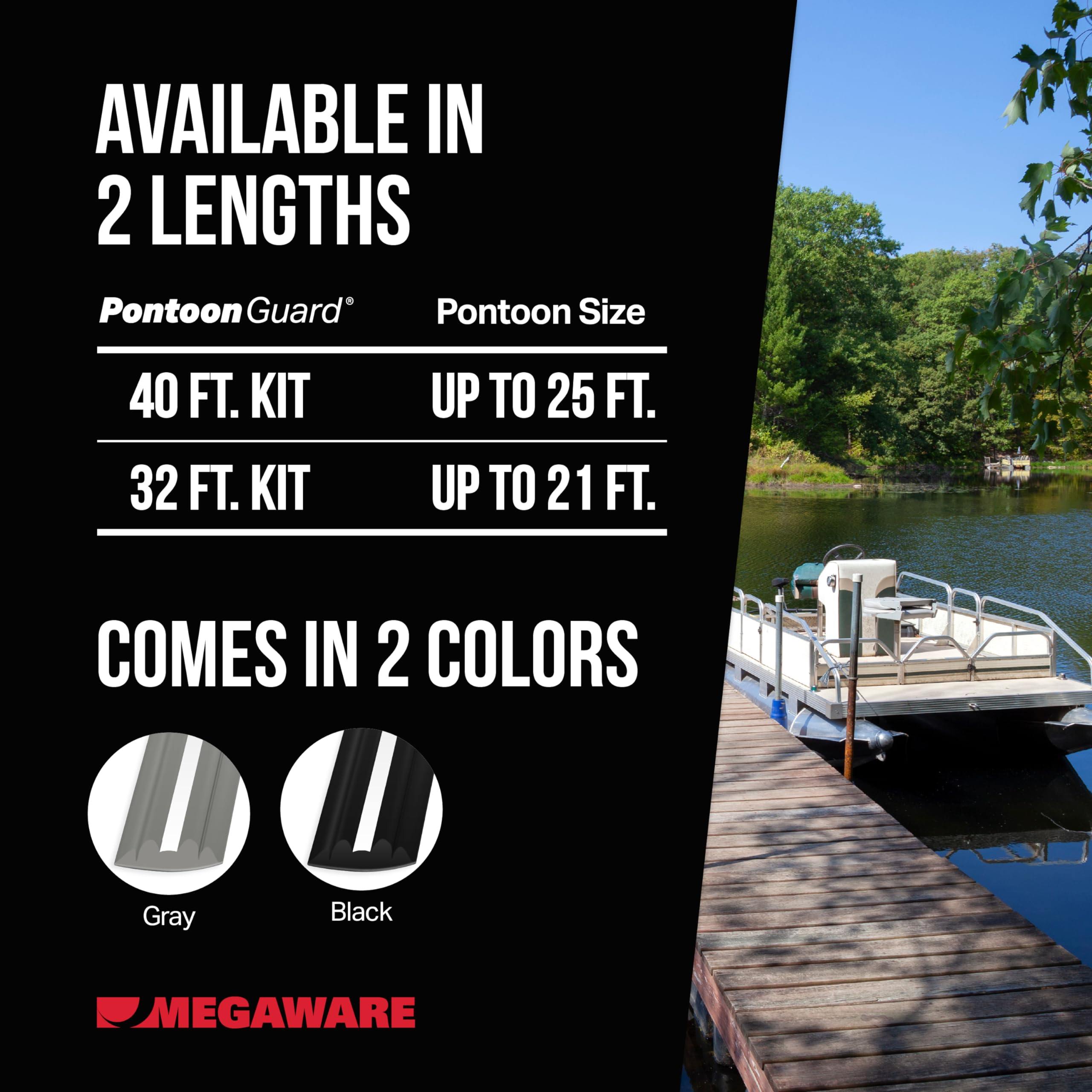 MEGAWARE PONTOONGUARD KEELGUARD - USA Made, Protects Pontoon Tubes Against Damage; Reflective Safety Strip Enhance Night Visibility; Log Bumper Guard; 3.5" Wide; 40ft Kit - Pontoon up to 25ft (Black)