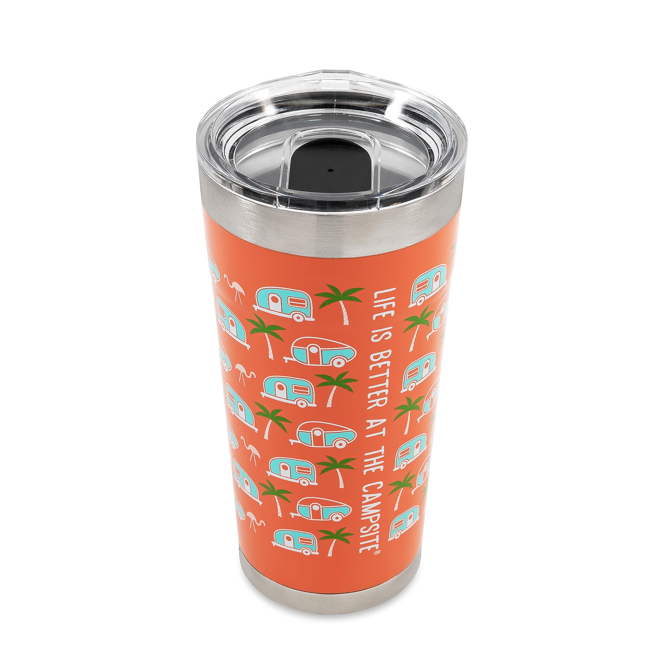 Camco Wrapped Stainless Steel Tumbler Life is Better at The Campsite - Features Double Wall Vacuum Insulation for Heat/Ice Retention & Unique Palm Tree Design - Holds 20 oz. (53322)