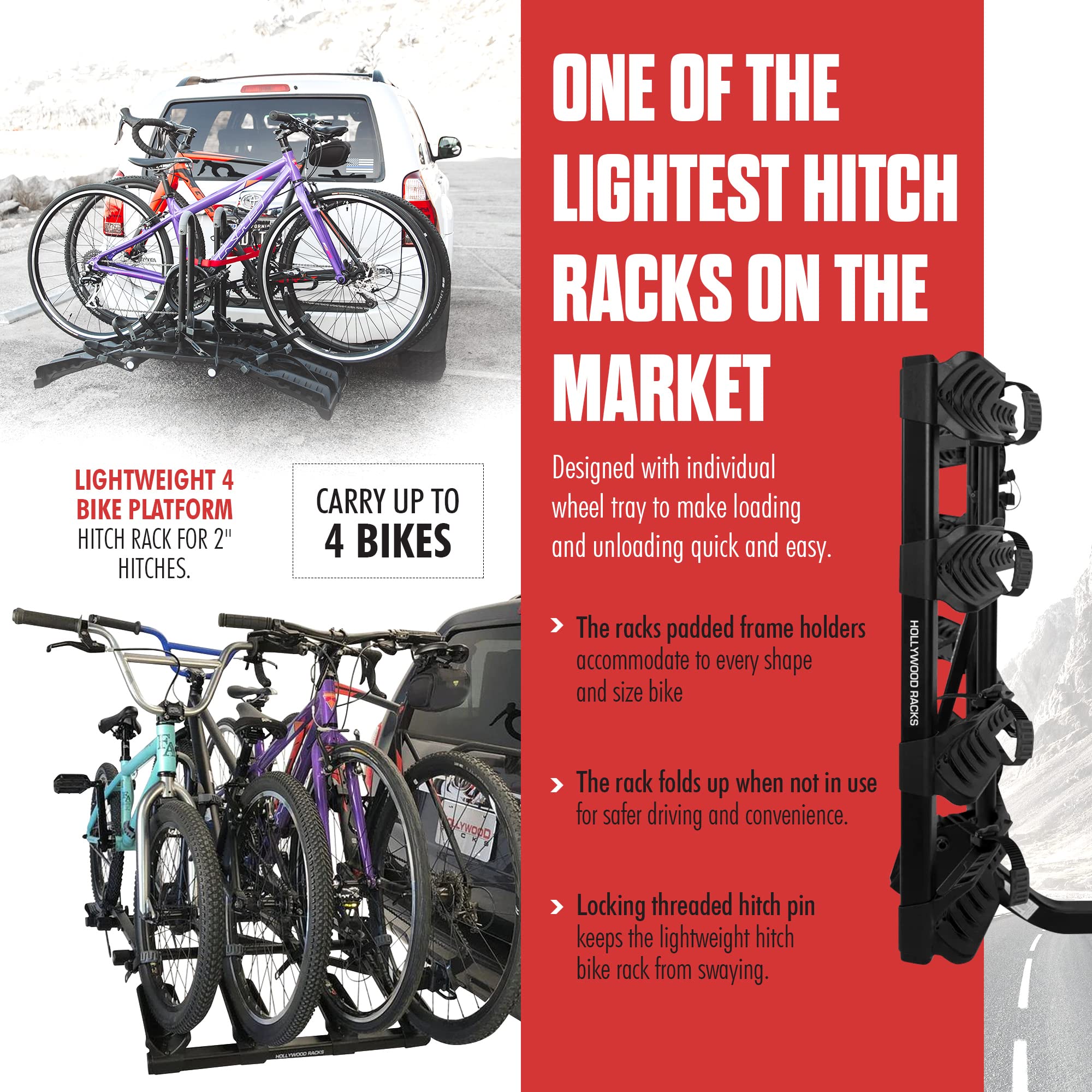 Hollywood Racks 4 Destination Hitch Bike Rack, Lightweight, Black - Platform Style Bike Rack for Car Carries up to 4 Bikes for Safe, Secure Transport - Fits Most Bike Styles, Sizes and Models