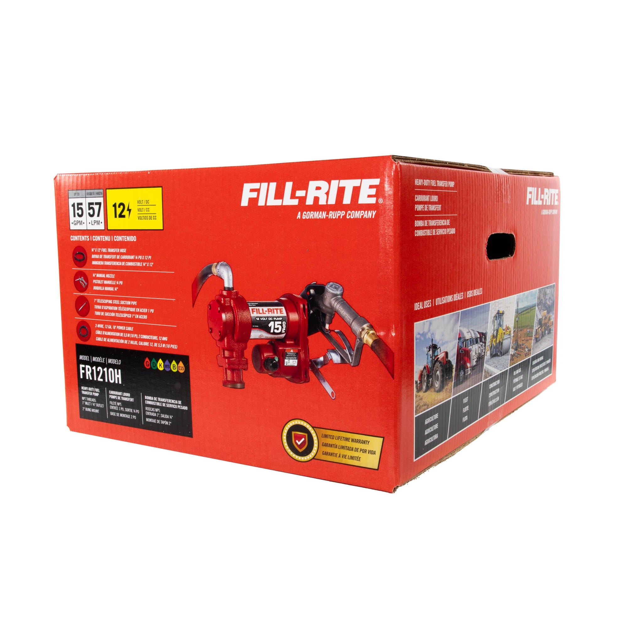Fill-Rite 12V FR1210H 15 GPM Fuel Transfer Pump with Discharge Hose & Manual Nozzle | Gasoline, Diesel, Kerosene, Ethanol & Methanol Blends & Biodiesel