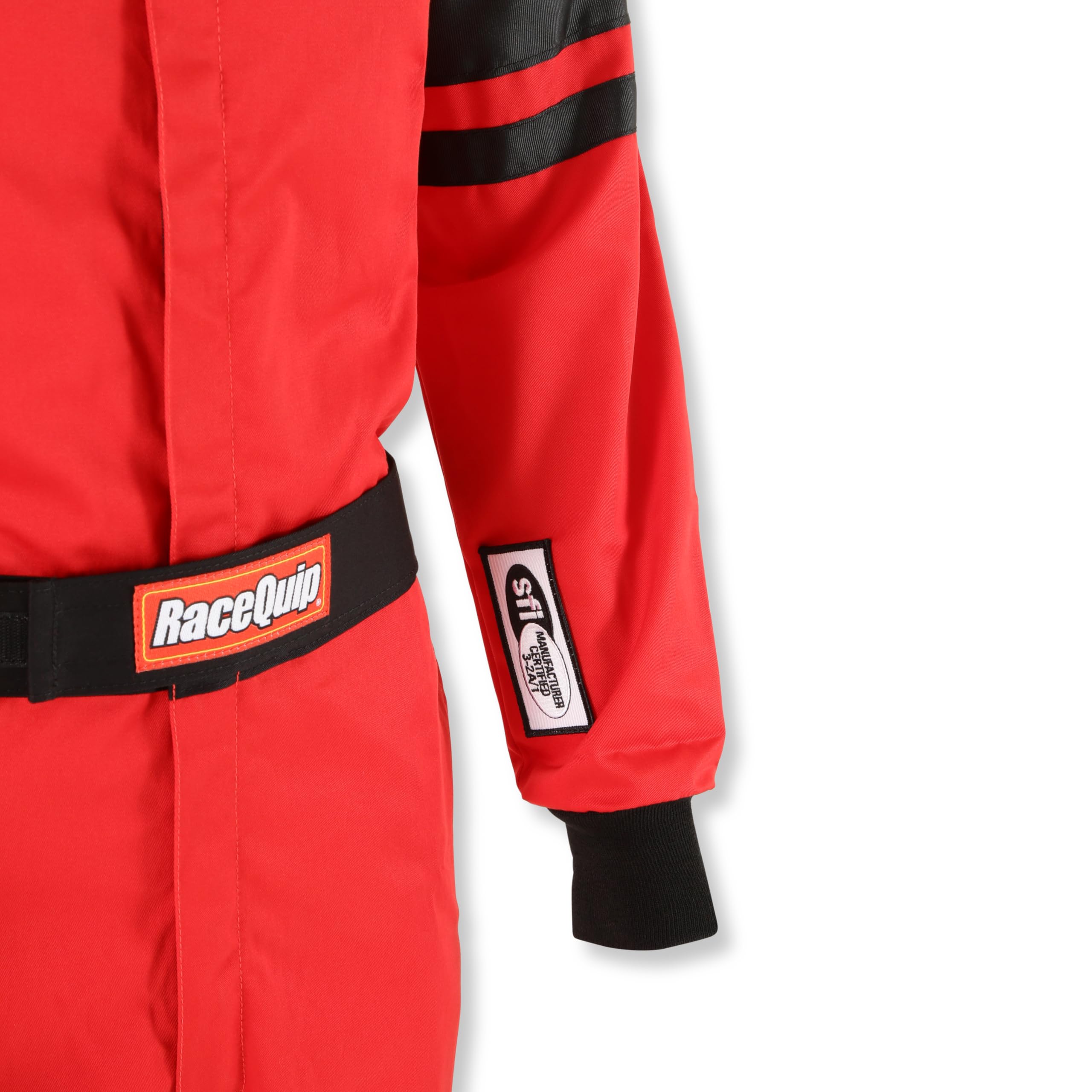 110 Series RaceQuip 110014RQP 1-Pc Driving Suit SFI 3.2A/1 Red/Black Stripe Medium Tall