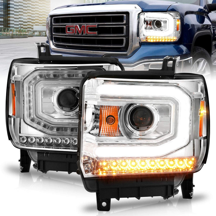 ANZO USA 2014-2015 Gmc Sierra 1500 Projector Headlights w/Light Bar Chrome Housing (Halogen Type)