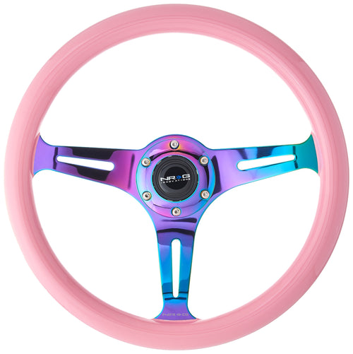 NRG Innovations Steering Wheel NRG-ST-015MC-PK - 350mm 25mm Deep Configuration, Classic Wood Grain Wheel, 3 Neochrome Spokes- Solid Pink Painted Grip